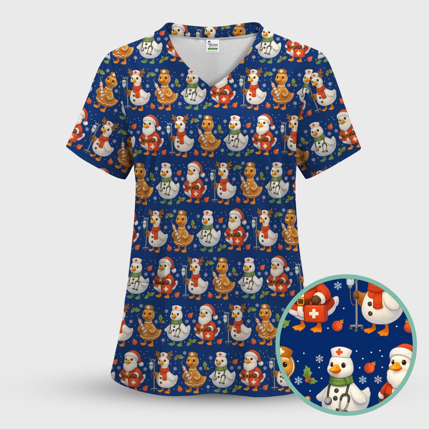 Funny Goose Christmas Scrubs for Women - Festive Holiday Pattern Scrub Top & Pants - Cute Christmas Scrubs with Charming Goose Print