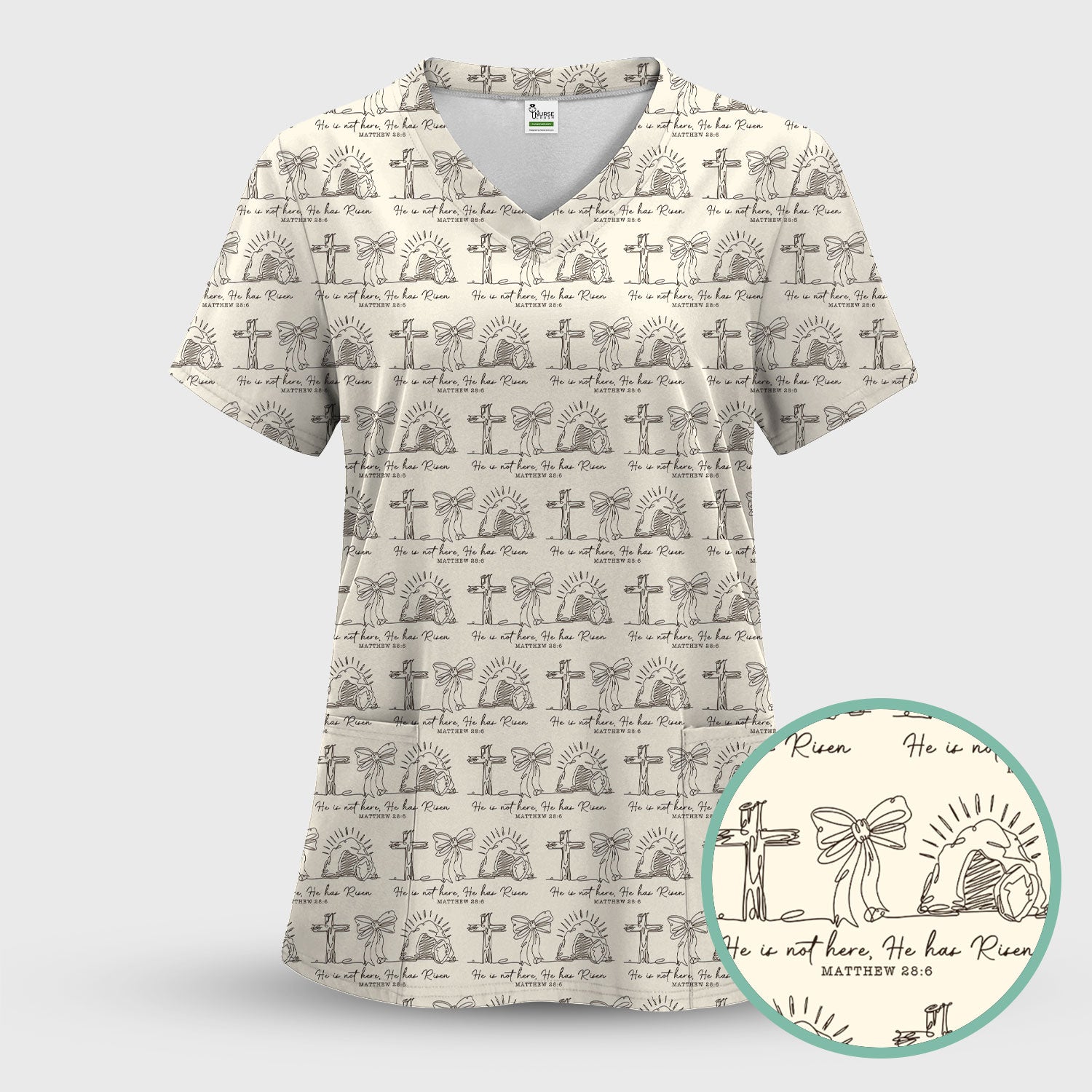 Christian Cross He Is Risen Pattern Scrubs Top, Comfortable Scrubs for Nurses