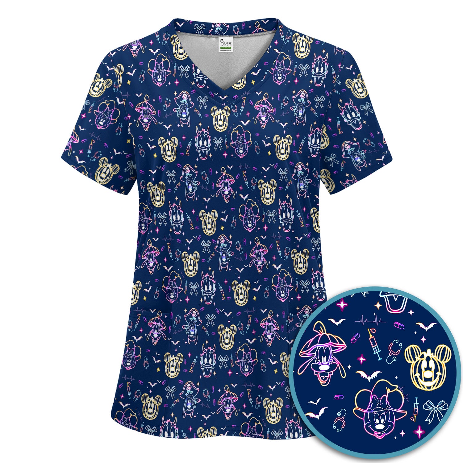 Neon Mouse Halloween Scrub Set for Nurses - Spooky Faces and Scary Pumpkin Scrub Pants and V Neck Shirt - Funny Med Uniform