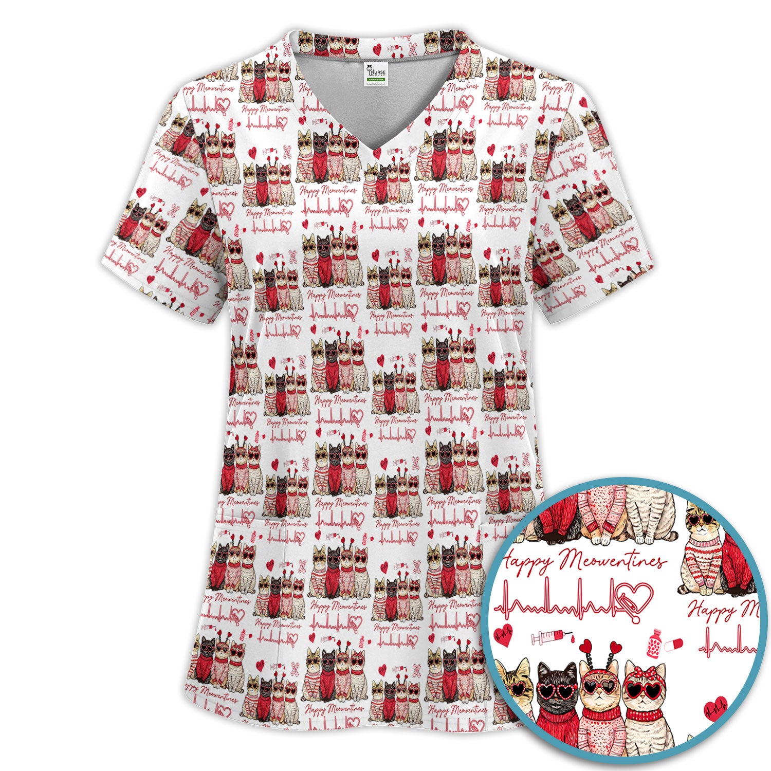Happy Meowtines Cat Pattern Scrub Set, Valentine Cat Lover Nurse Scrub Shirt, Heartbeat Medical Pattern Nursing Uniform