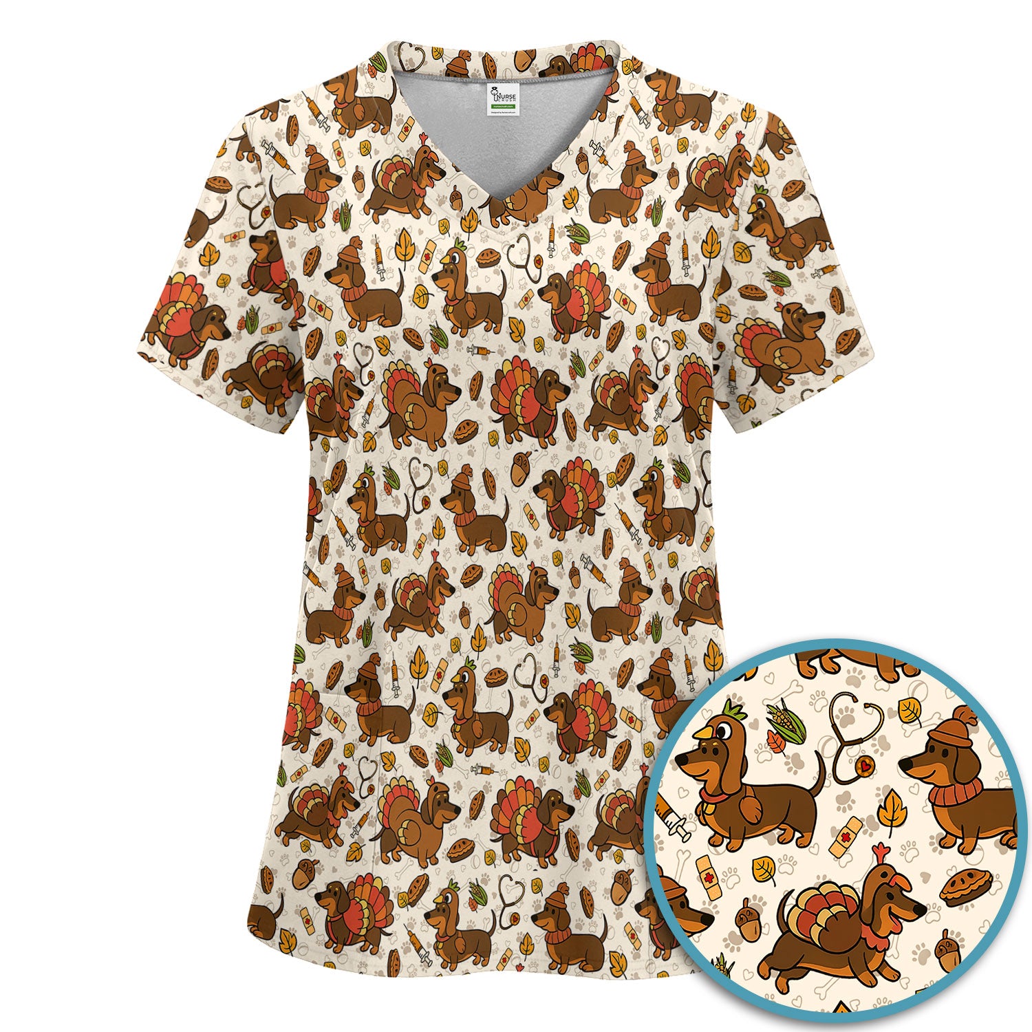 Thanksgiving Wiener Dog Scrub Set - Funny Dachshund Turkey Scrubs Pants and V Neck Top - Fall Winter Gift for Women