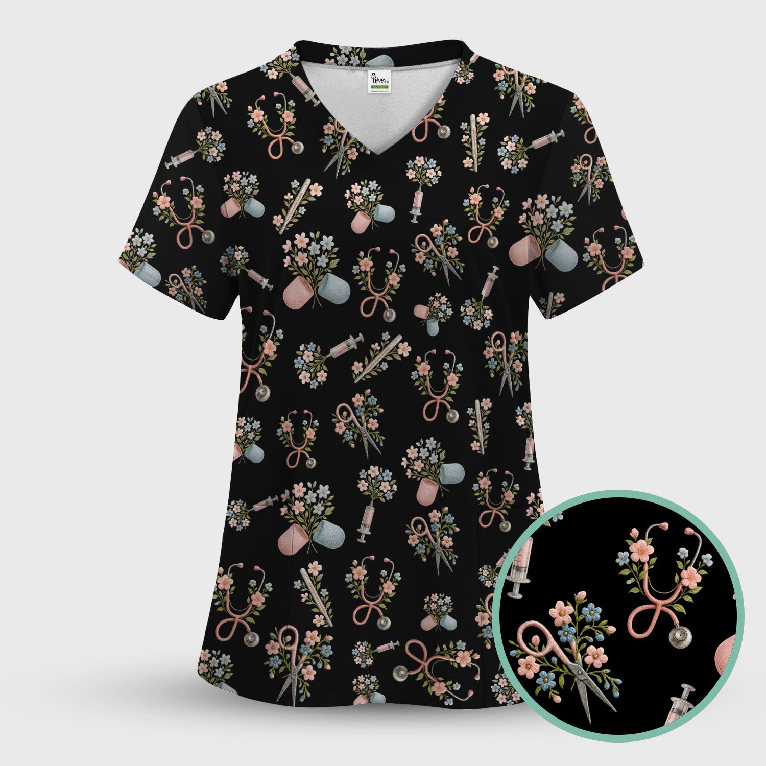 Floral Medical Scrub Top, Elegant Stethoscope With Flower Nursing Shirt, Breathable Fabrics Nurse Uniform