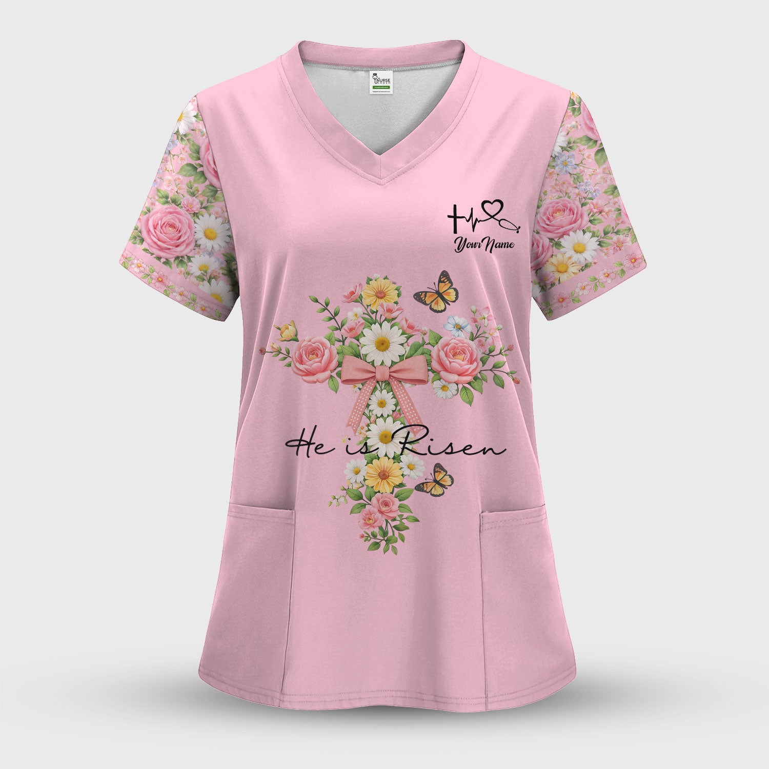 Personalized Meaningful Easter Nurse He Is Risen Floral Cross Bow Pattern Scrub Top, Comfortable Scrubs for Nurses