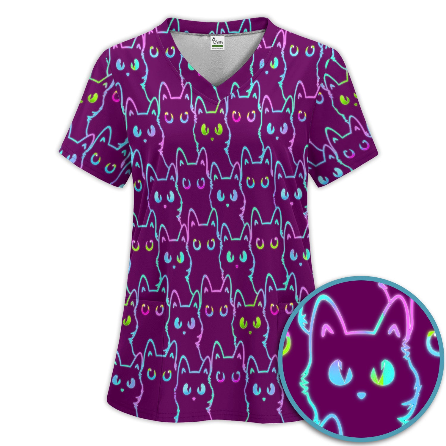 Neon Cat Pattern Scrub Set, Black Cat Scrub Shirt, Breathable Fabrics Nursing Uniform