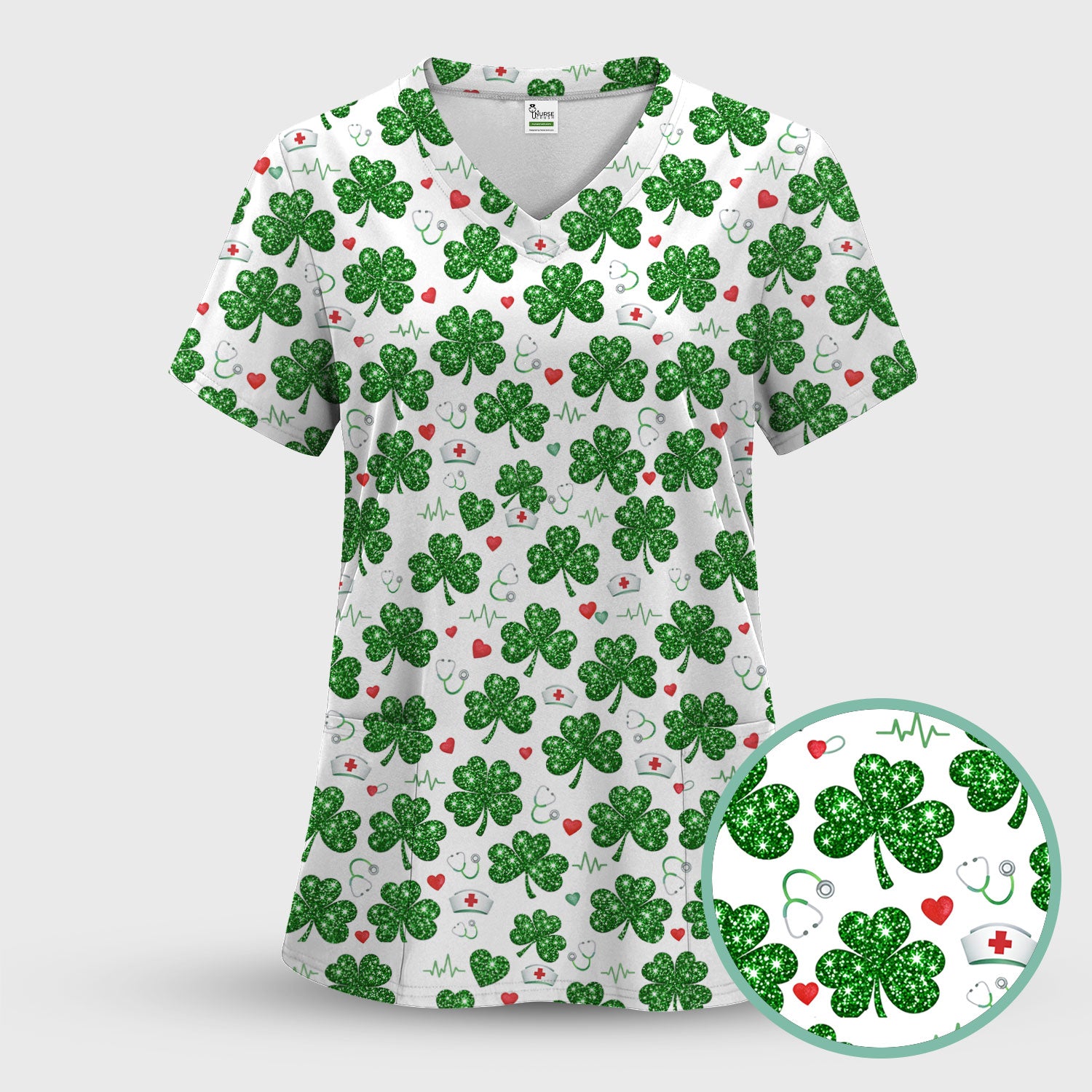 St. Patrick’s Day Nurse Scrub Set, Green Clover Medical Pattern Shirt, Breathable Fabrics Nursing Uniform