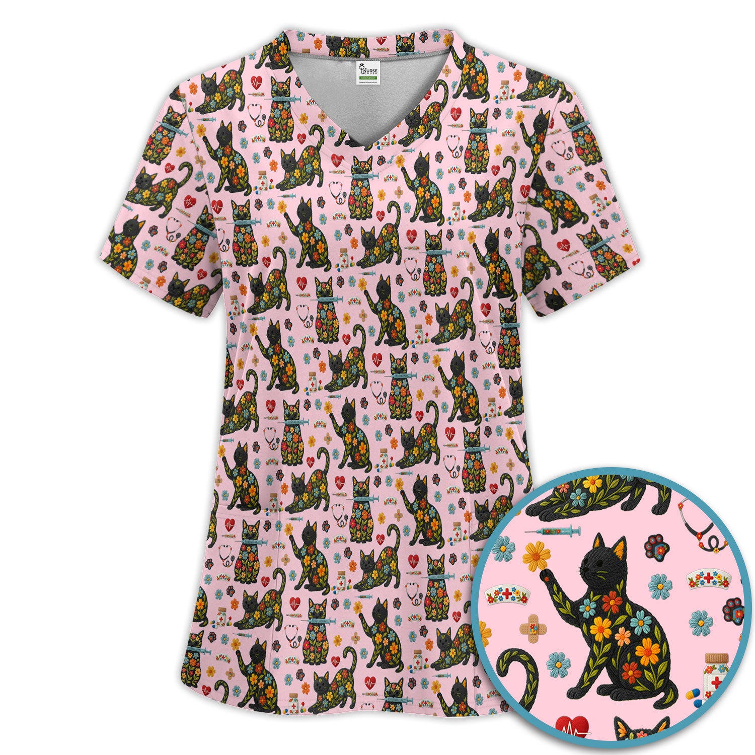 Floral Black Cat Pattern Scrub Set, Cute Cat Nurse Scrub Shirt, Medical Nursing Uniform