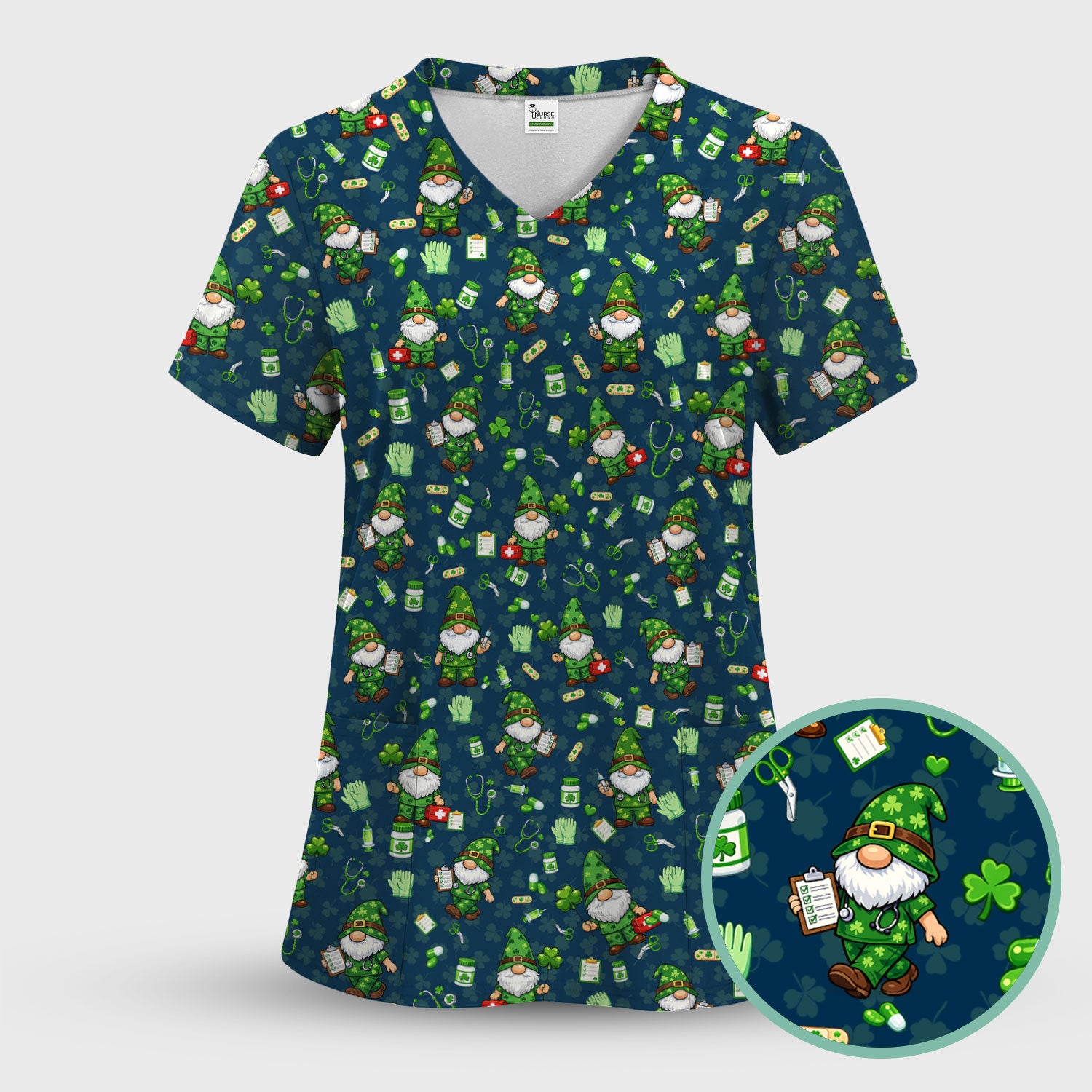 St. Patrick’s Day Nurse Gnome Scrub Top, Green Lucky Medical Pattern Nurse Shirt, Breathable Fabrics Nursing Uniform