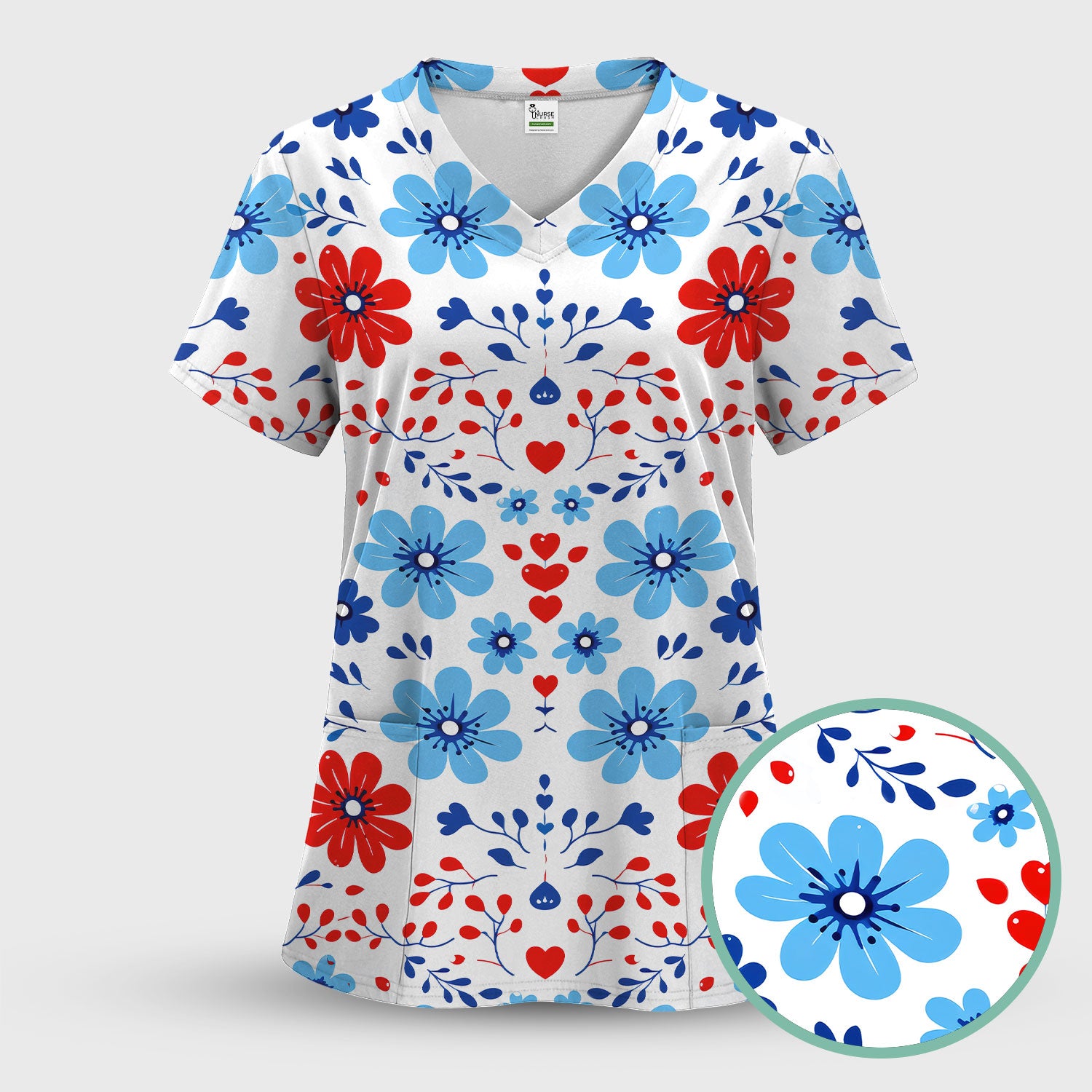 Symmetrical Folk Floral Heart Pattern Scrub Top, Breathable Fabrics Nursing Uniform
