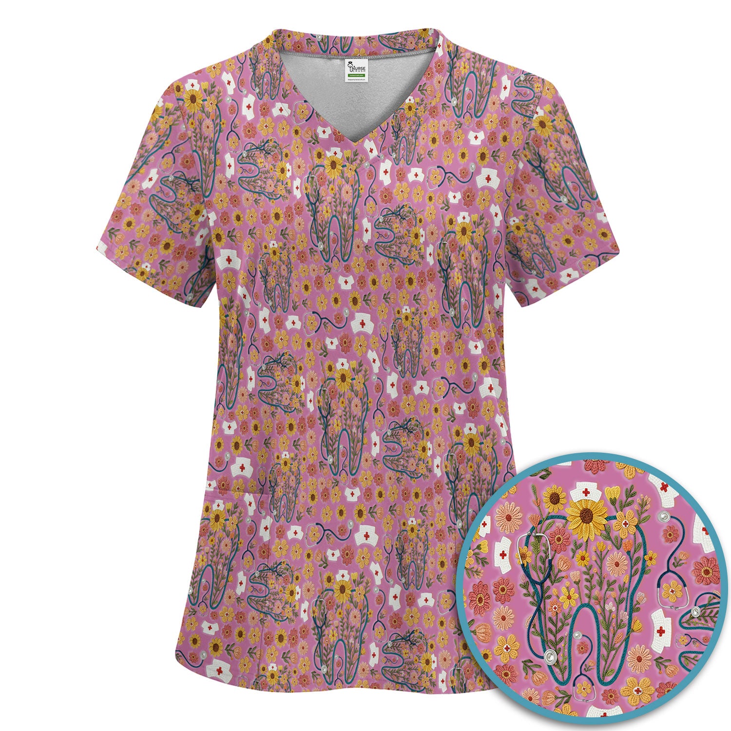 Boho Floral Tooth Scrub Set - Aesthetic Dental Scrubs Pants and V Neck - Cute Flower Tooth Medical Uniform - Hygienist Christmas Gift