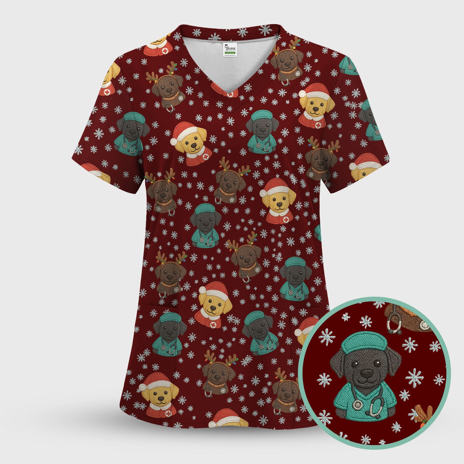 Christmas Dog Pattern Scrub Top, Cute Puppy Nurse Scrub Shirt, Holiday Nursing Uniform