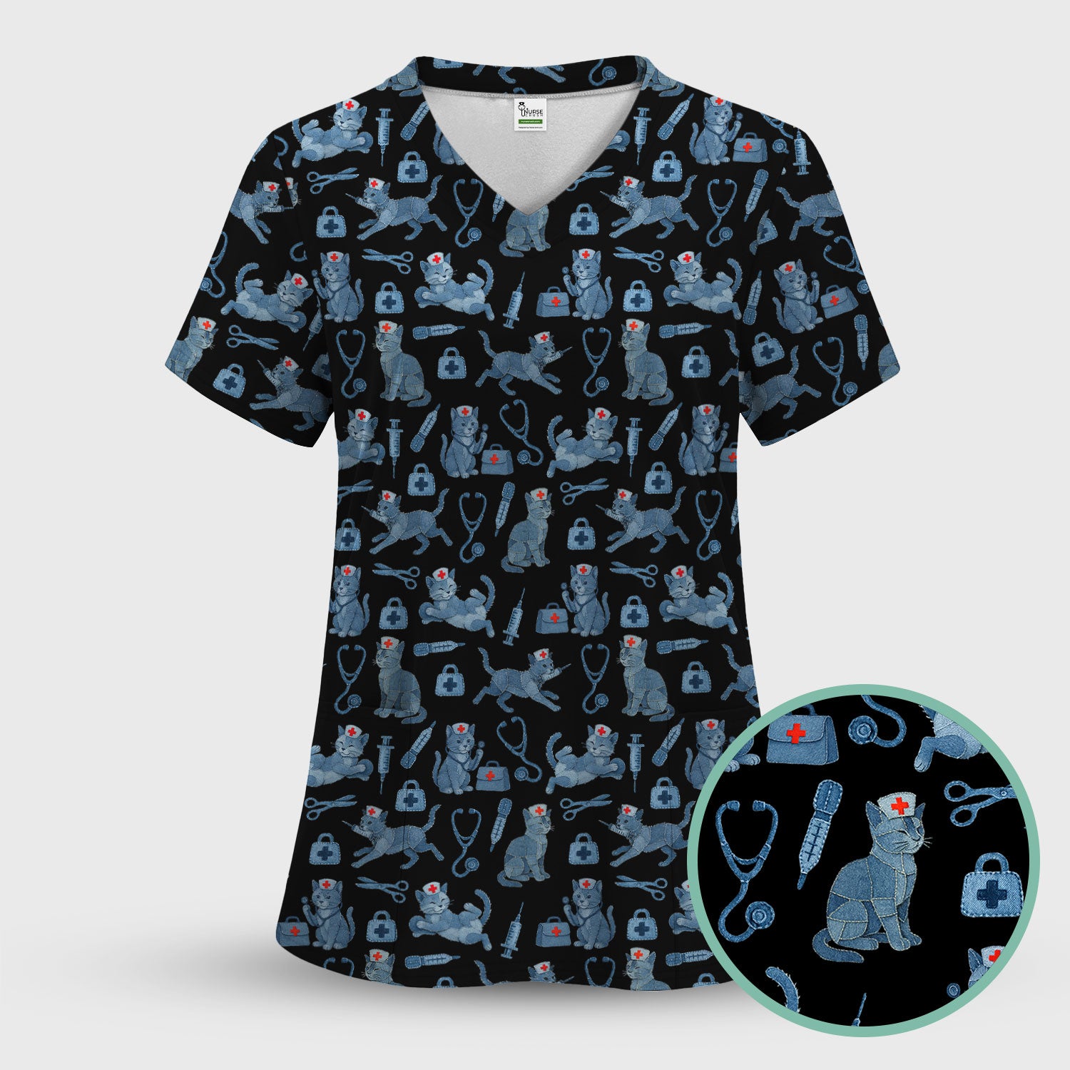 Funny Cat Scrubs for Women - Cute Kitty Pattern Medical Scrub Top - Playful Nurse Scrubs with Adorable Cat Design for Animal Lovers