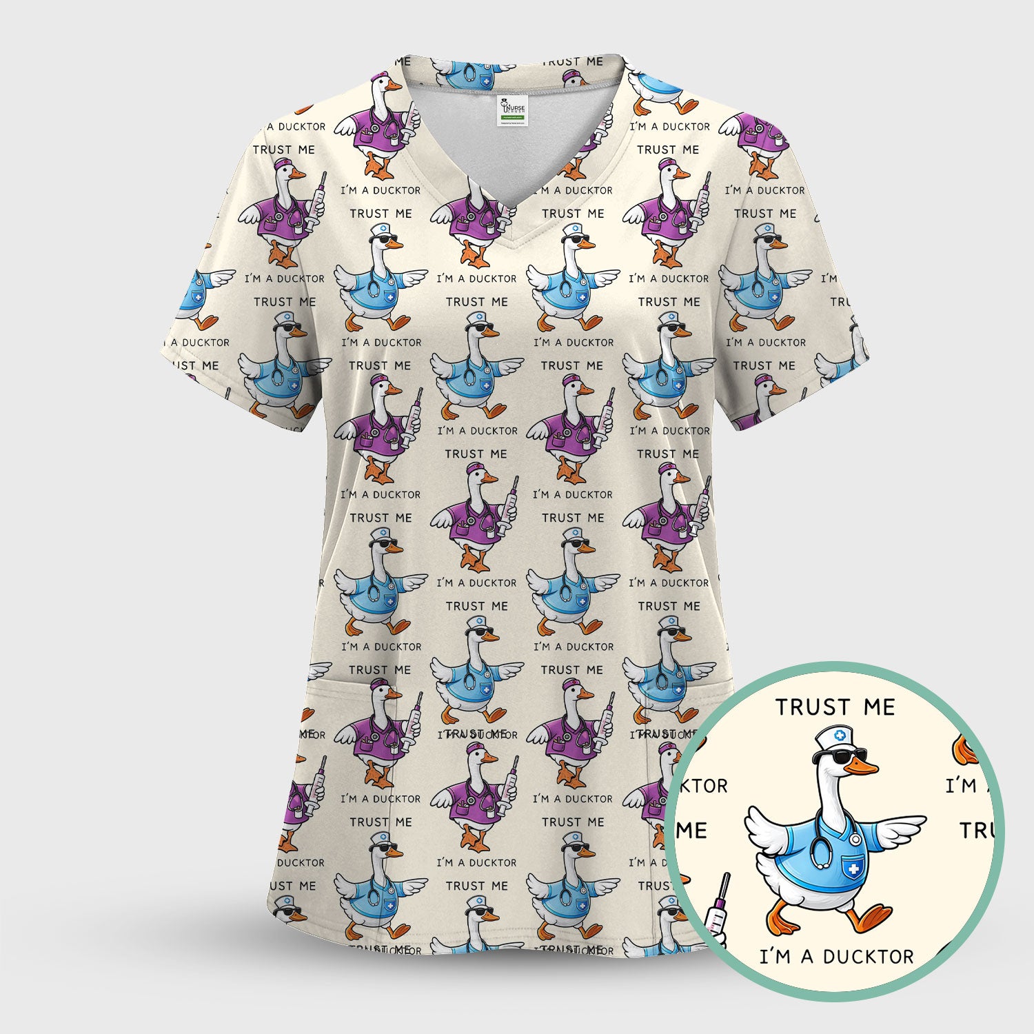 Funny Duck Cartoon Medical Pattern Scrub Top, Comfortable Scrubs for Nurses