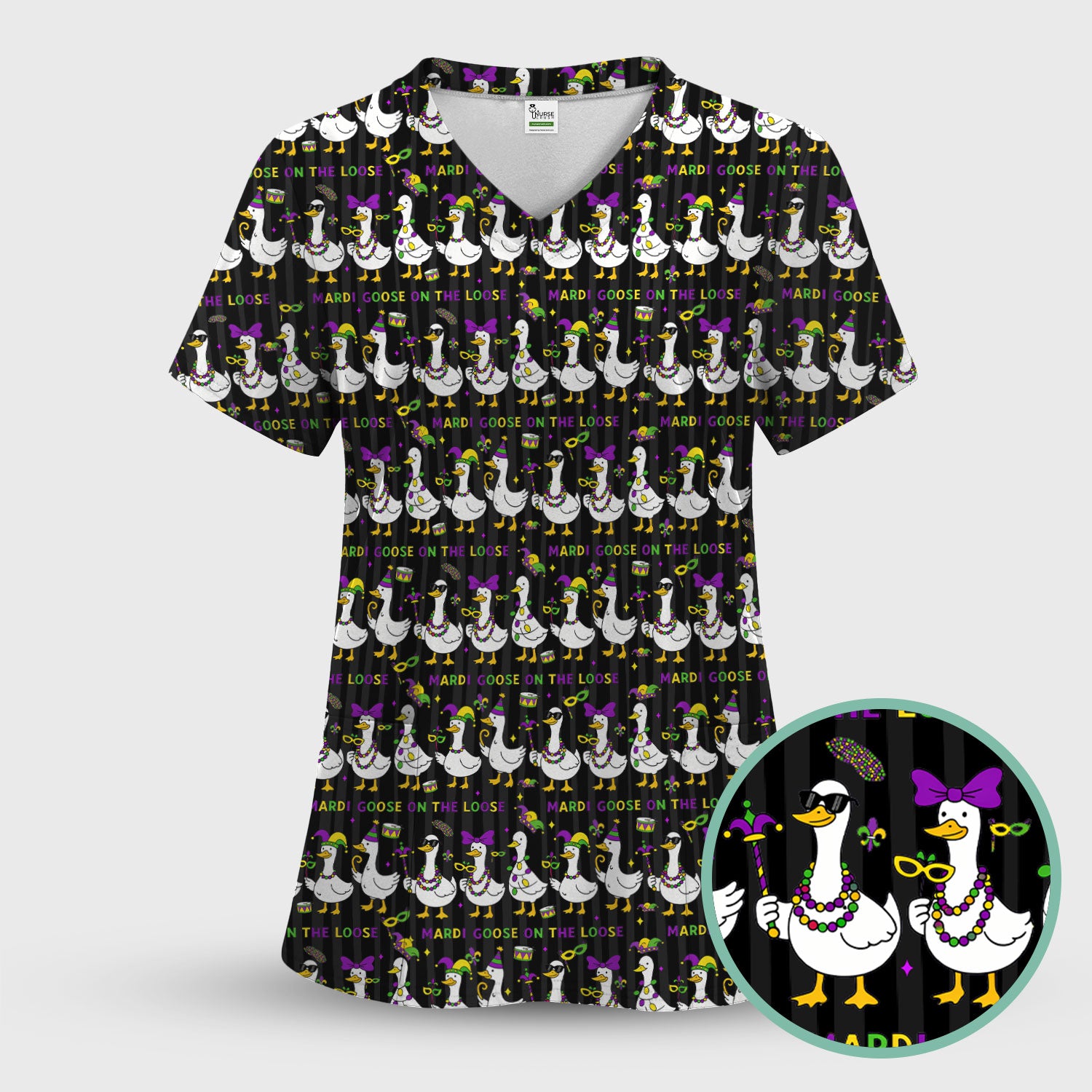 Mardi Gras Goose Nurse Scrub Set, Funny Carnival Medical Pattern Nurse Shirt, Breathable Fabrics Nursing Uniform
