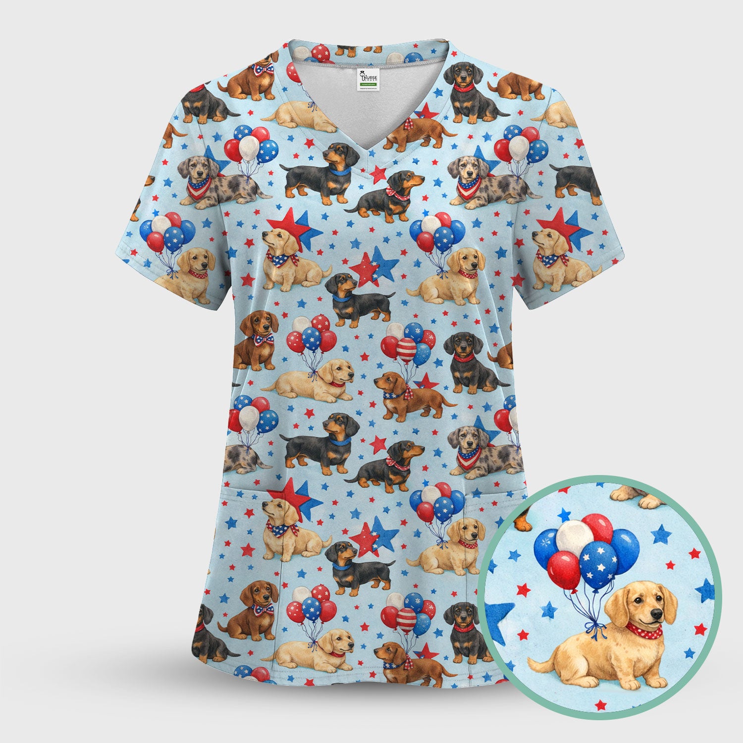 Cute Patriotic Dachshund Balloon Star Pattern Scrub Set, Scrub Pants and V Neck Top