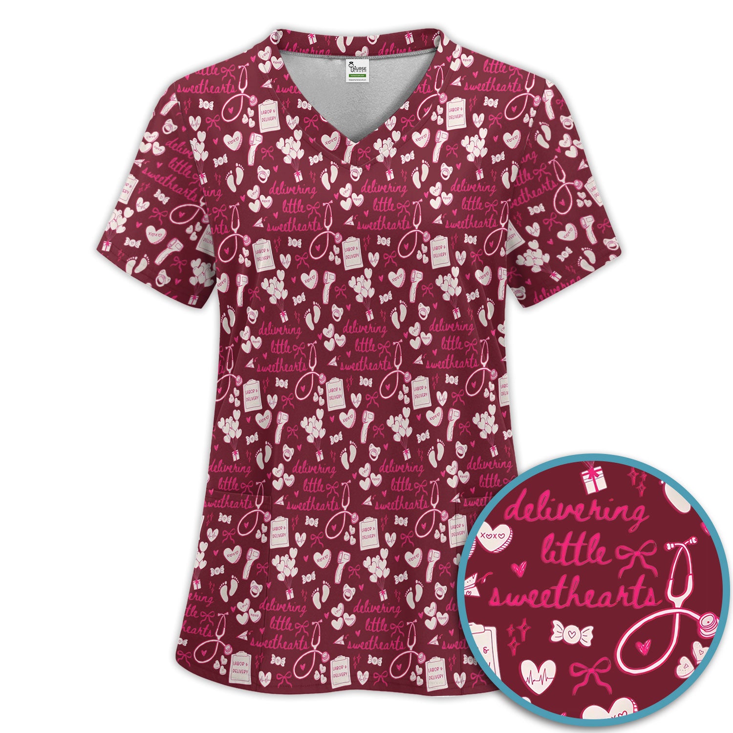 Valentine Labor And Delivery Scrub Set, XOXO Pattern Scrub Shirt, Breathable Fabrics Nursing Uniform For Women