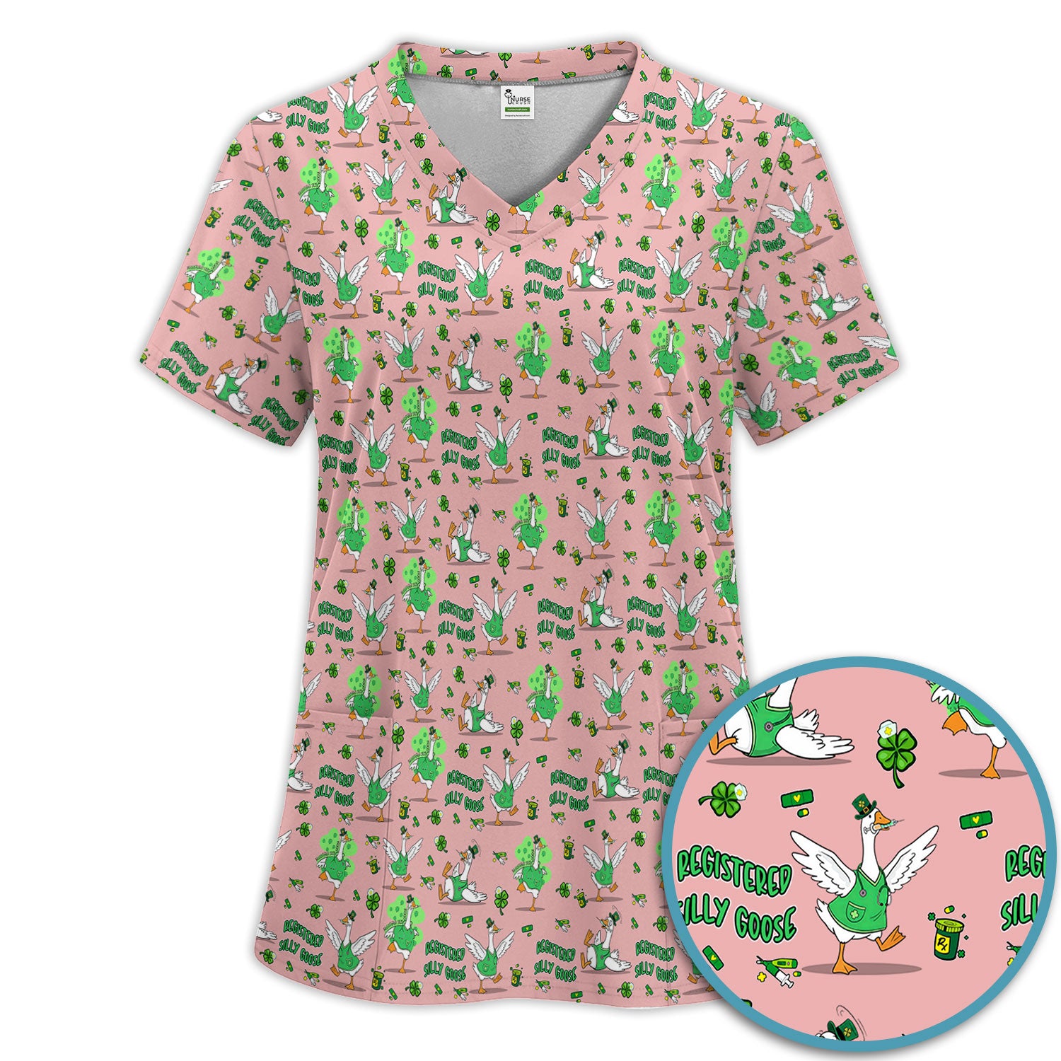 Silly Goose St. Patrick’s Day Scrub Set, Funny Goose Shamrock Pattern Nurse Scrub Shirt, Irish Green Nursing Uniform