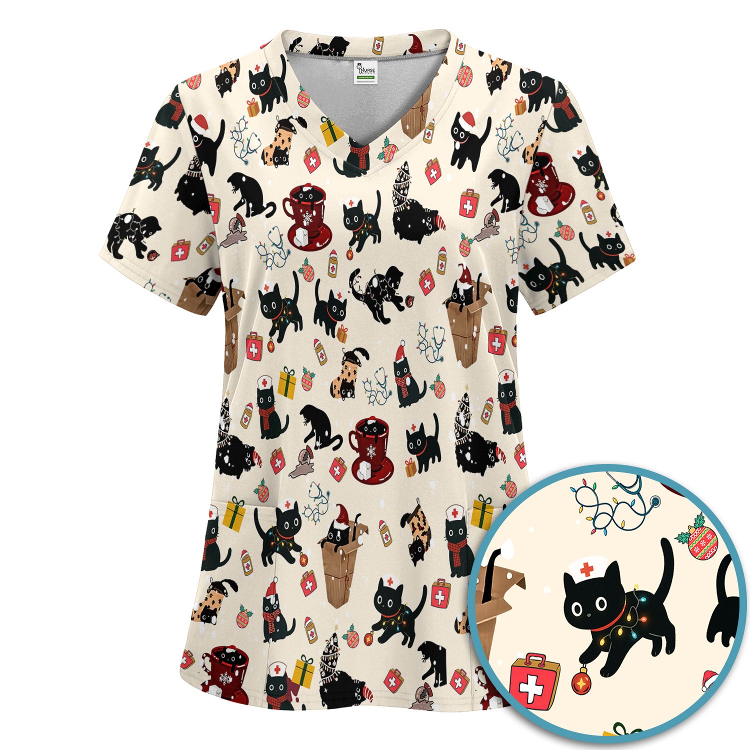 Funny Cat Scrub Sets for Women - Christmas Black Cats Pants and V Neck Top - Breathable Fabrics Nursing Uniform