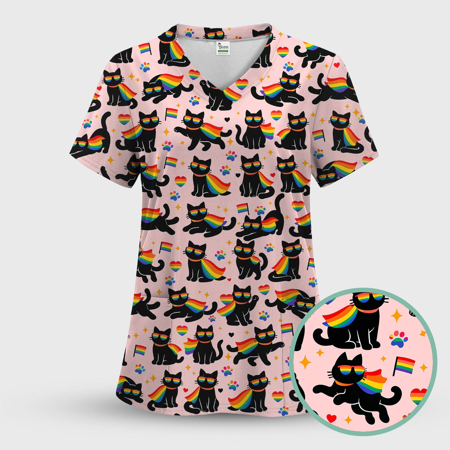 Rainbow Black Cat Pride Pattern Scrub Top, Breathable Fabrics Nursing Uniform