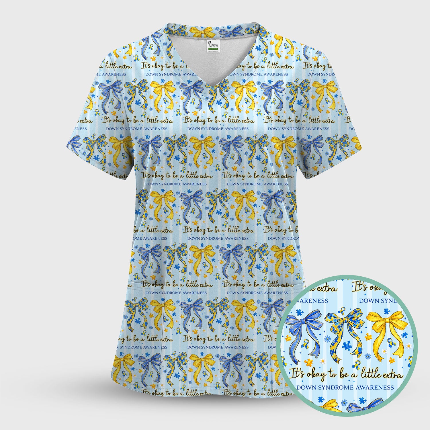Down Syndrome Awareness Ribbon Pattern Scrub Top Comfortable Nurse Workwear Top