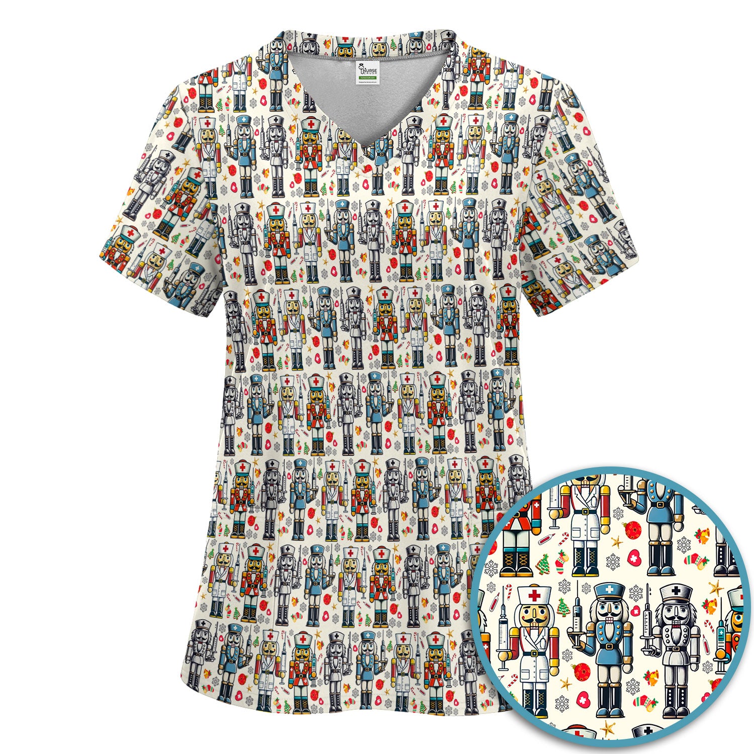 Funny Nutcracker Christmas Scrub Set – Cute Holiday Nurse Pattern Shirt – Festive Medical Uniform for RN, LPN, CNA, and Healthcare Workers