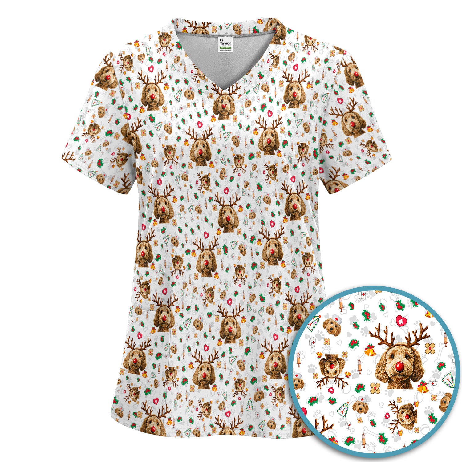 Labradoodle Reindeer Christmas Scrub Set - Funny Dog Nurse Pants and V Neck Top - Cute Holiday Medical Uniform