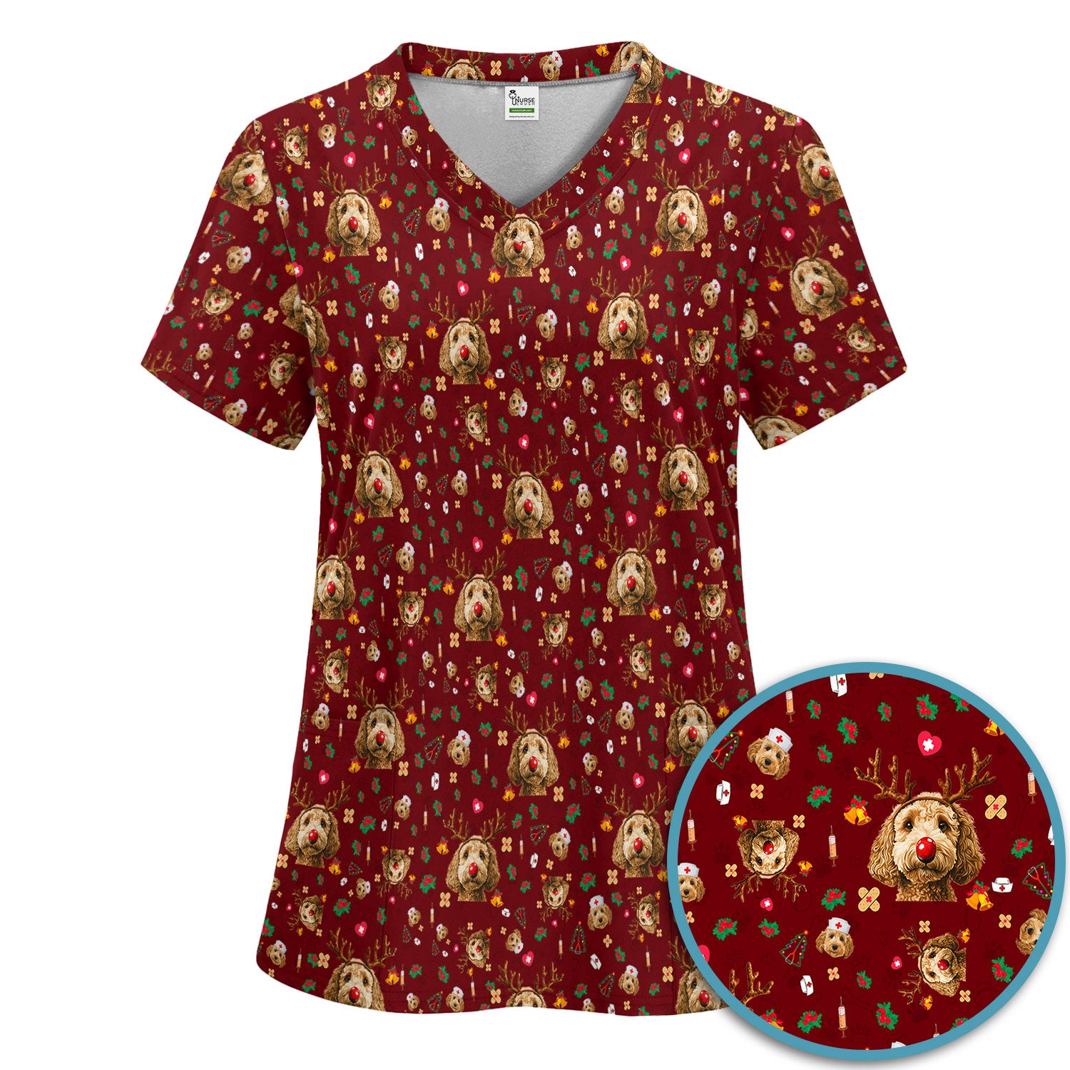 Labradoodle Reindeer Christmas Scrub Set - Funny Dog Nurse Pants and V Neck Top - Cute Holiday Medical Uniform
