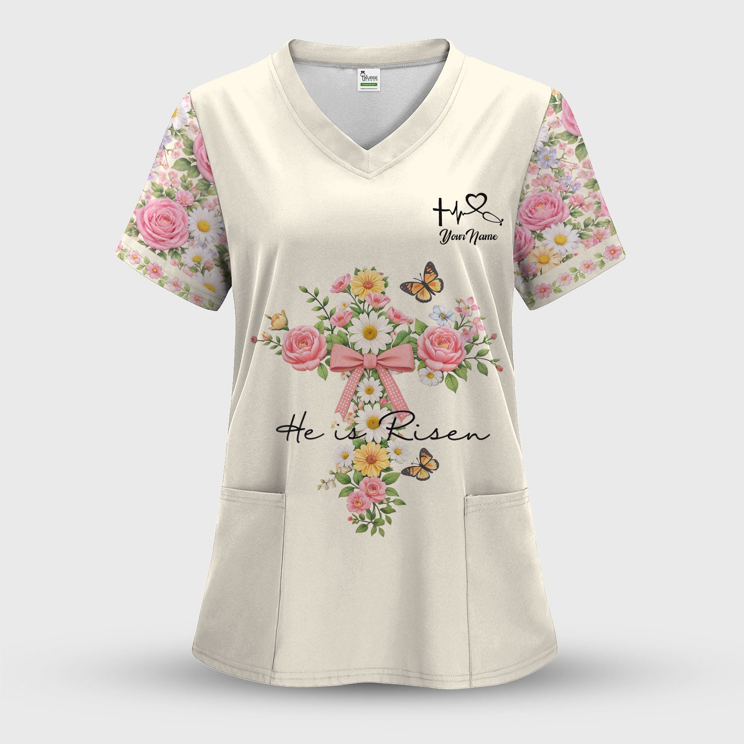 Personalized Meaningful Easter Nurse He Is Risen Floral Cross Bow Pattern Scrub Top, Comfortable Scrubs for Nurses