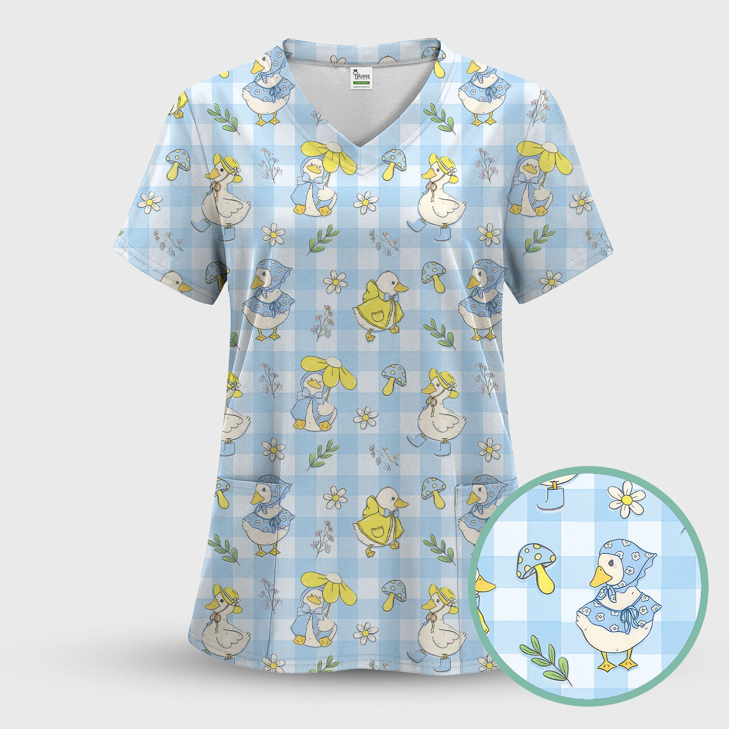 Cute Duck Outfit Gingham Pattern Scrub Top, Comfortable Scrubs for Nurses