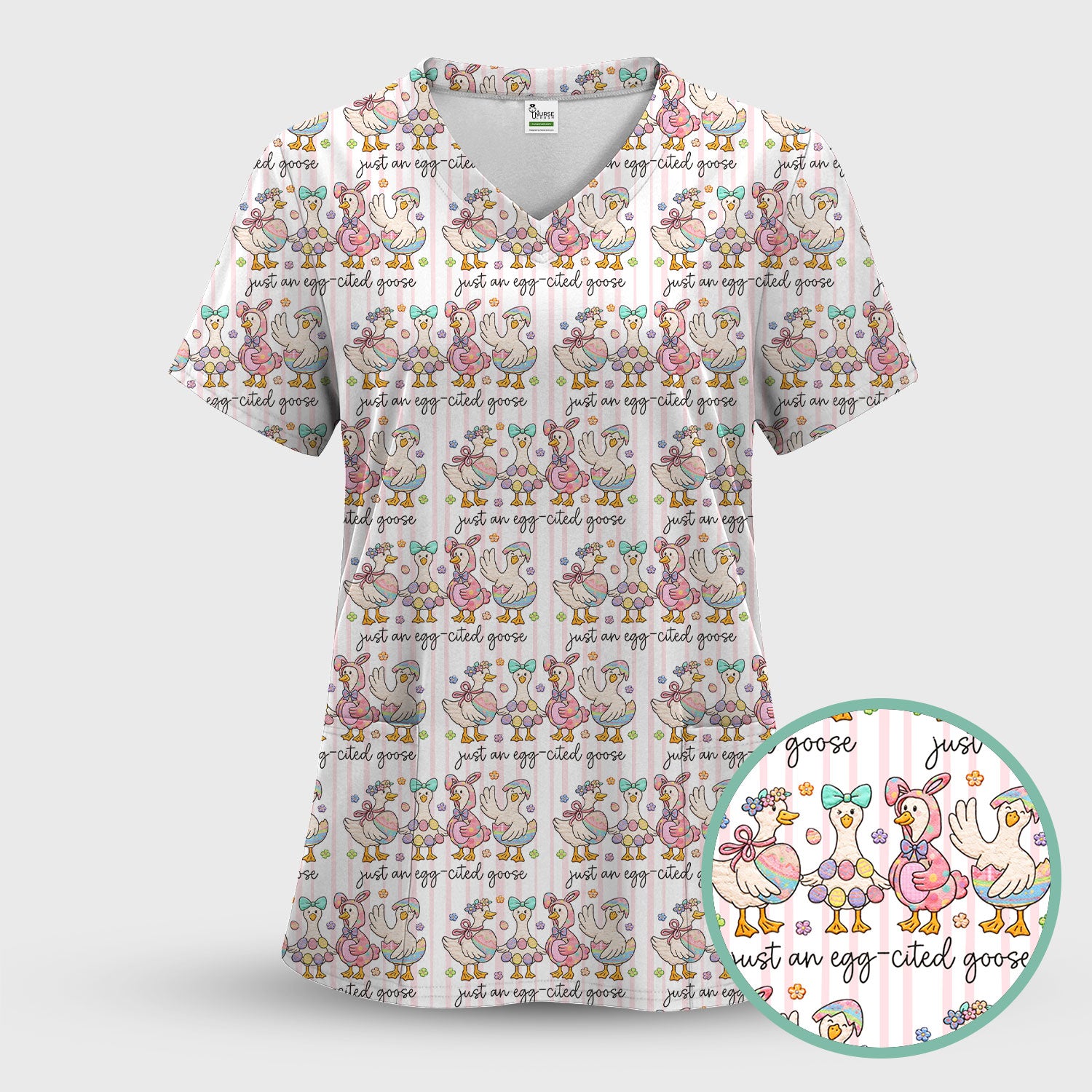 Cute Easter Goose Egg Pattern Scrubs Top, Breathable Fabrics Nursing Uniform