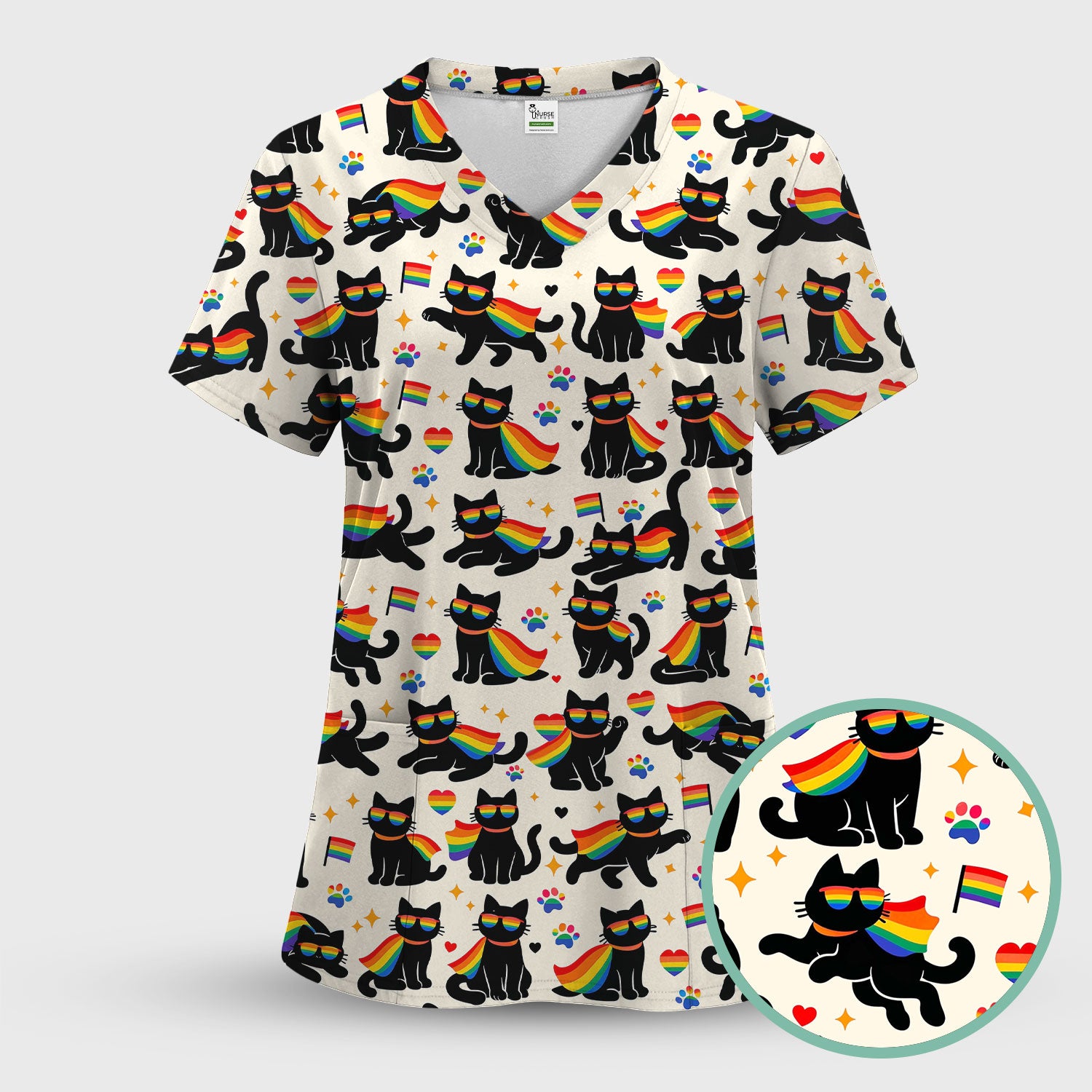 Rainbow Black Cat Pride Pattern Scrub Top, Breathable Fabrics Nursing Uniform