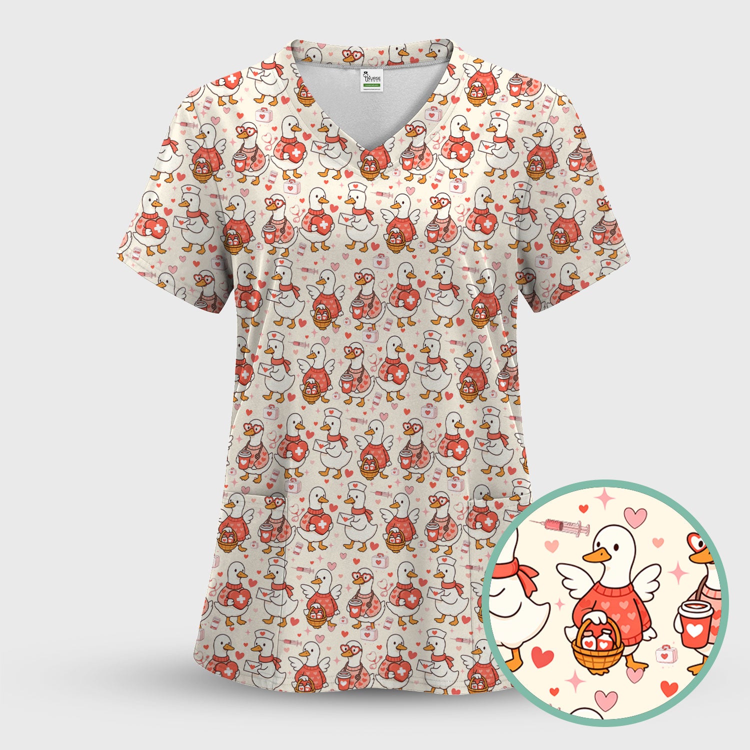 Valentine Goose Nurse Scrub Top, Heart Medical Pattern Nurse Shirt, Breathable Fabrics Nursing Uniform