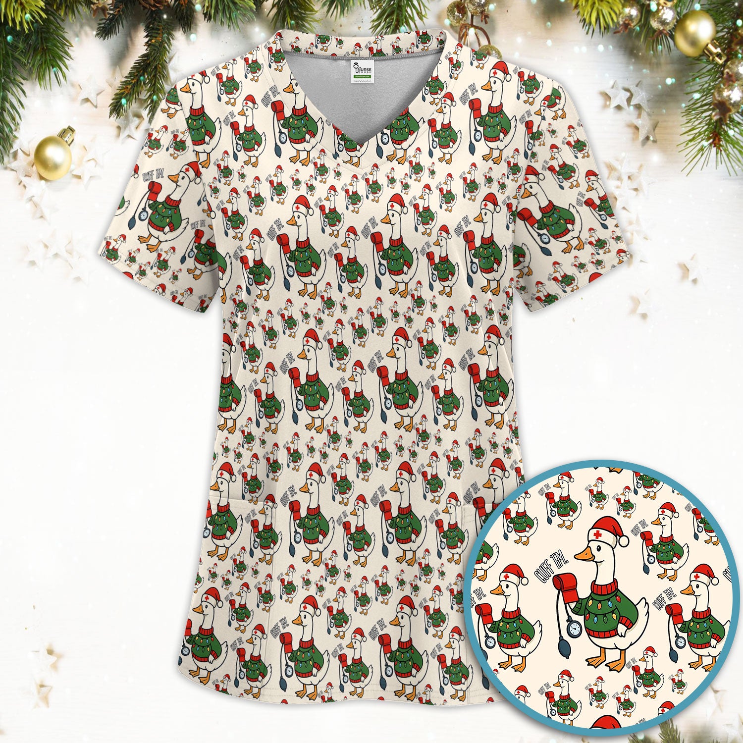 Nurse Christmas Duck Scrub Set, Cute Goose Pattern Scrub Uniform, RN LPN CNA Nursing Uniform