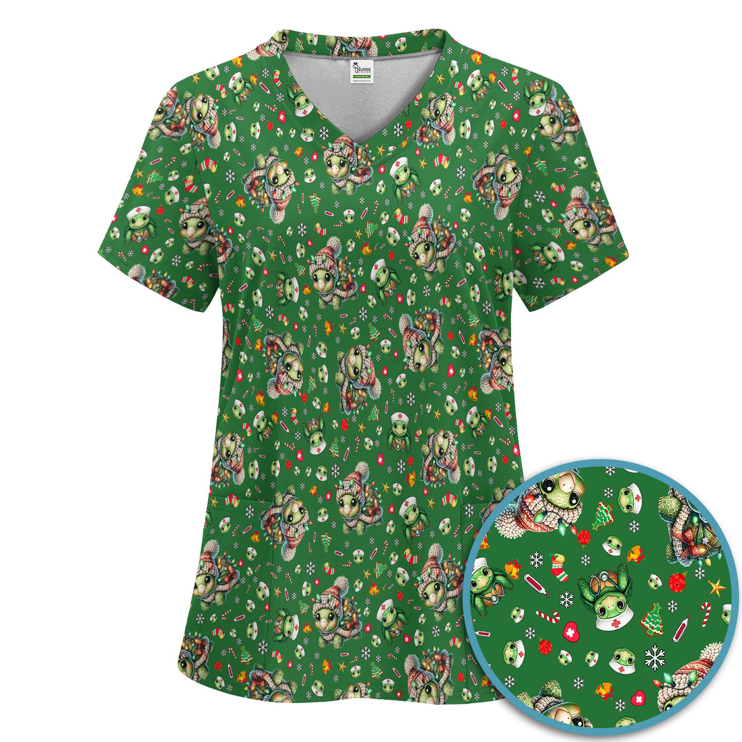 Christmas Turtle Scrub Set - Cute Funny Nurse Pants and V Neck Top - Holiday Medical Uniform for Women