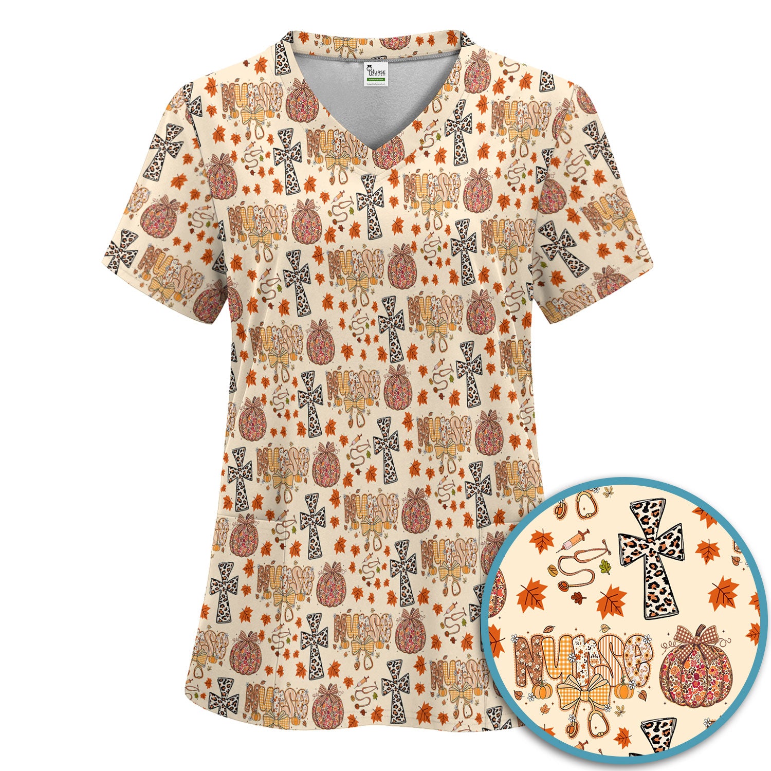 I Will Praise Him In Every Season - Boho Pumpkin Leopard Cross Fall Scrub Sets for Nurse - Thanksgiving Med Uniform for Women