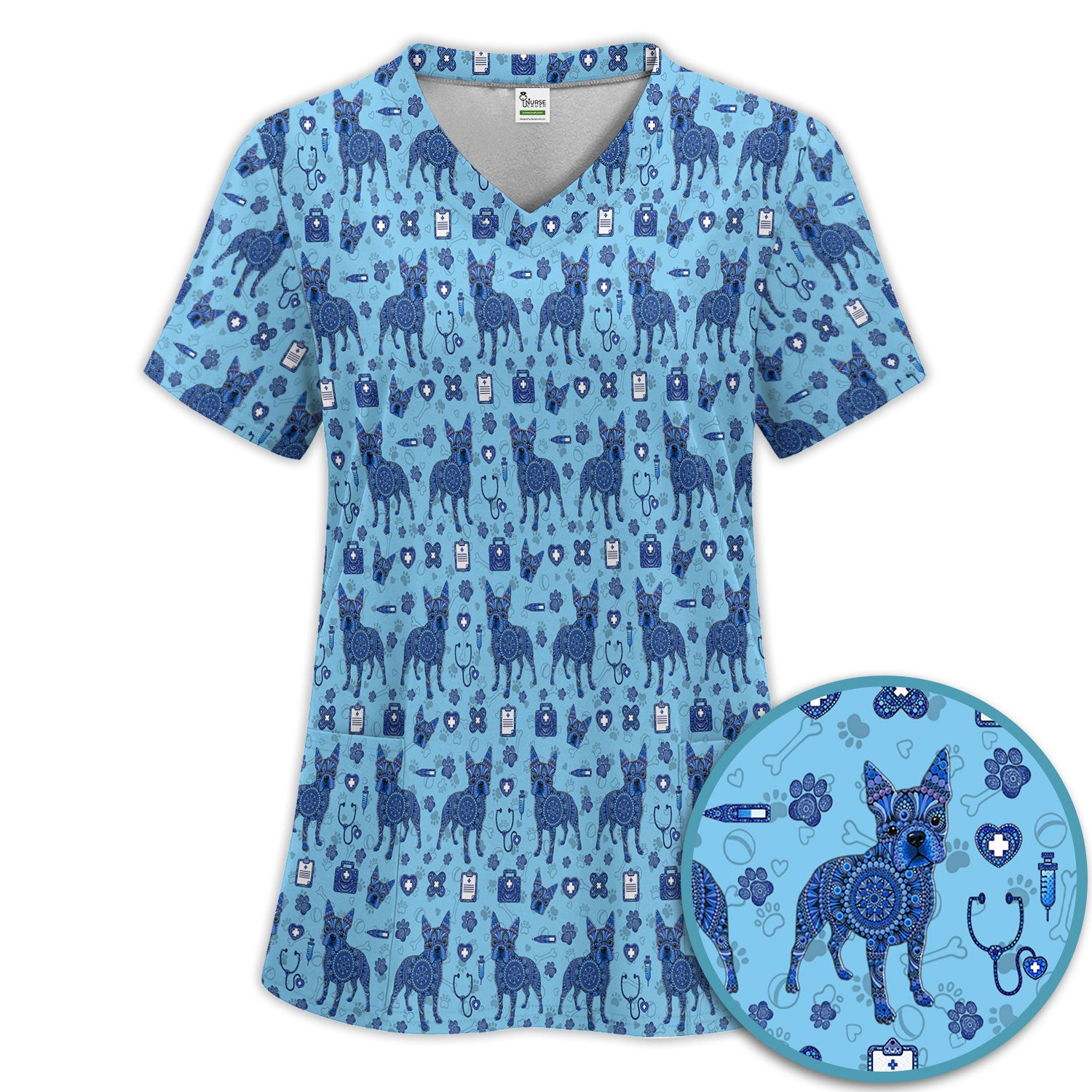 Blue Heeler Australian Cattle Dog Scrub Set, Australia Dot Art Pattern Shirt, Breathable Fabrics Nursing Uniform