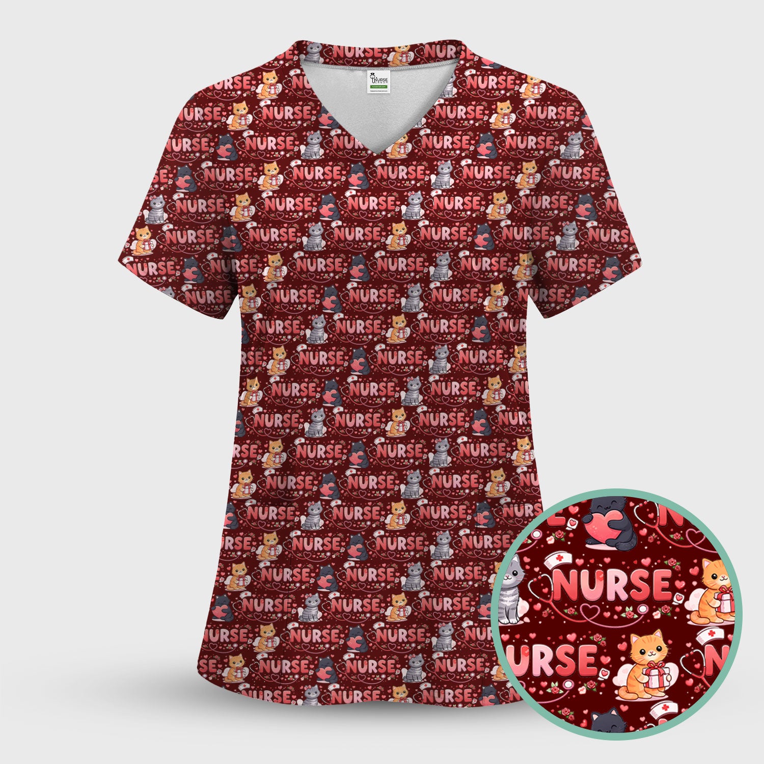 Nurse Cat Heart Pattern Valentine Scrub Top, Comfortable Scrubs for Nurses