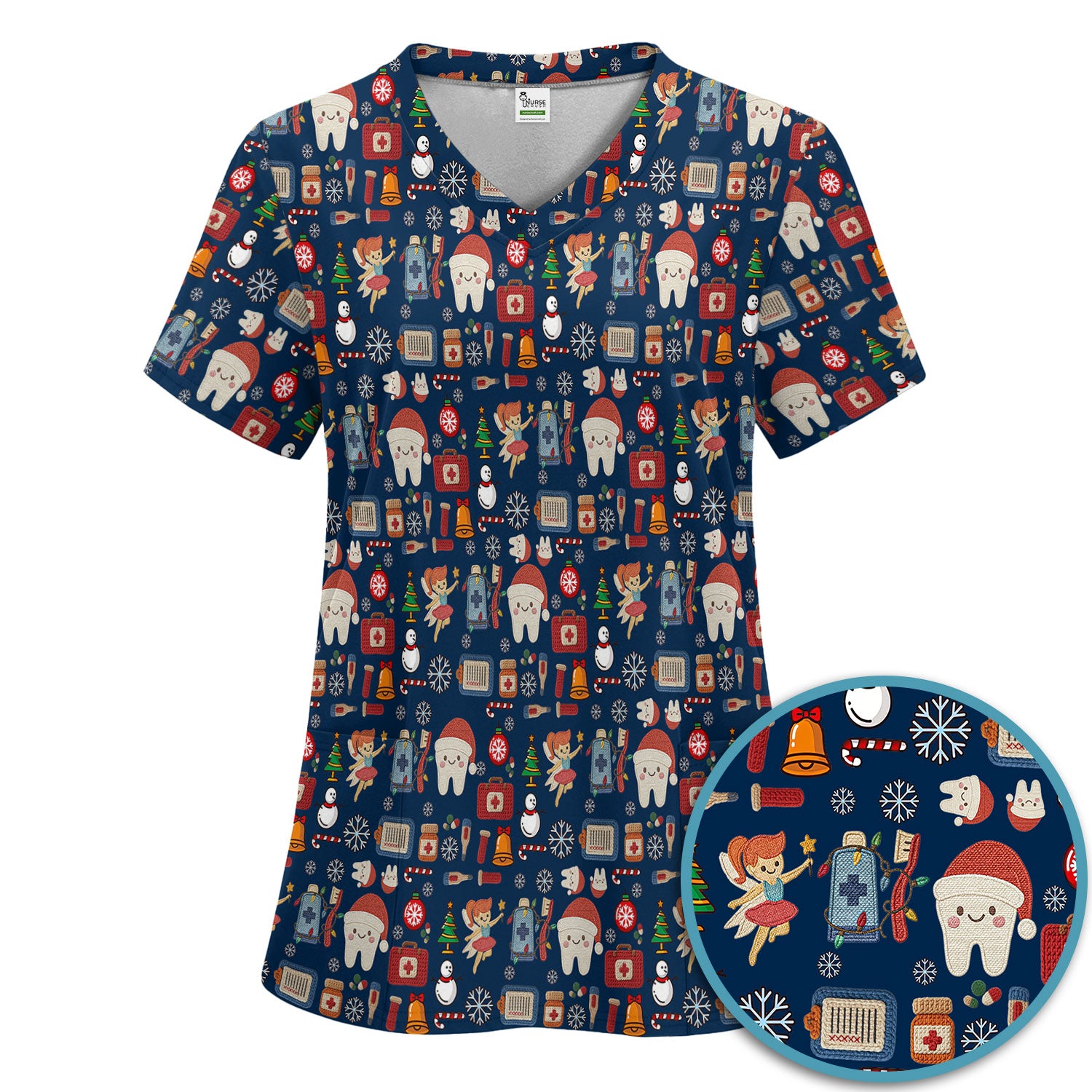 Christmas Dental Scrub Set - Cute Santa Tooth & Snowman Scrubs Pants and V Neck Top - Funny Holiday Gift for Dentists, Hygienists
