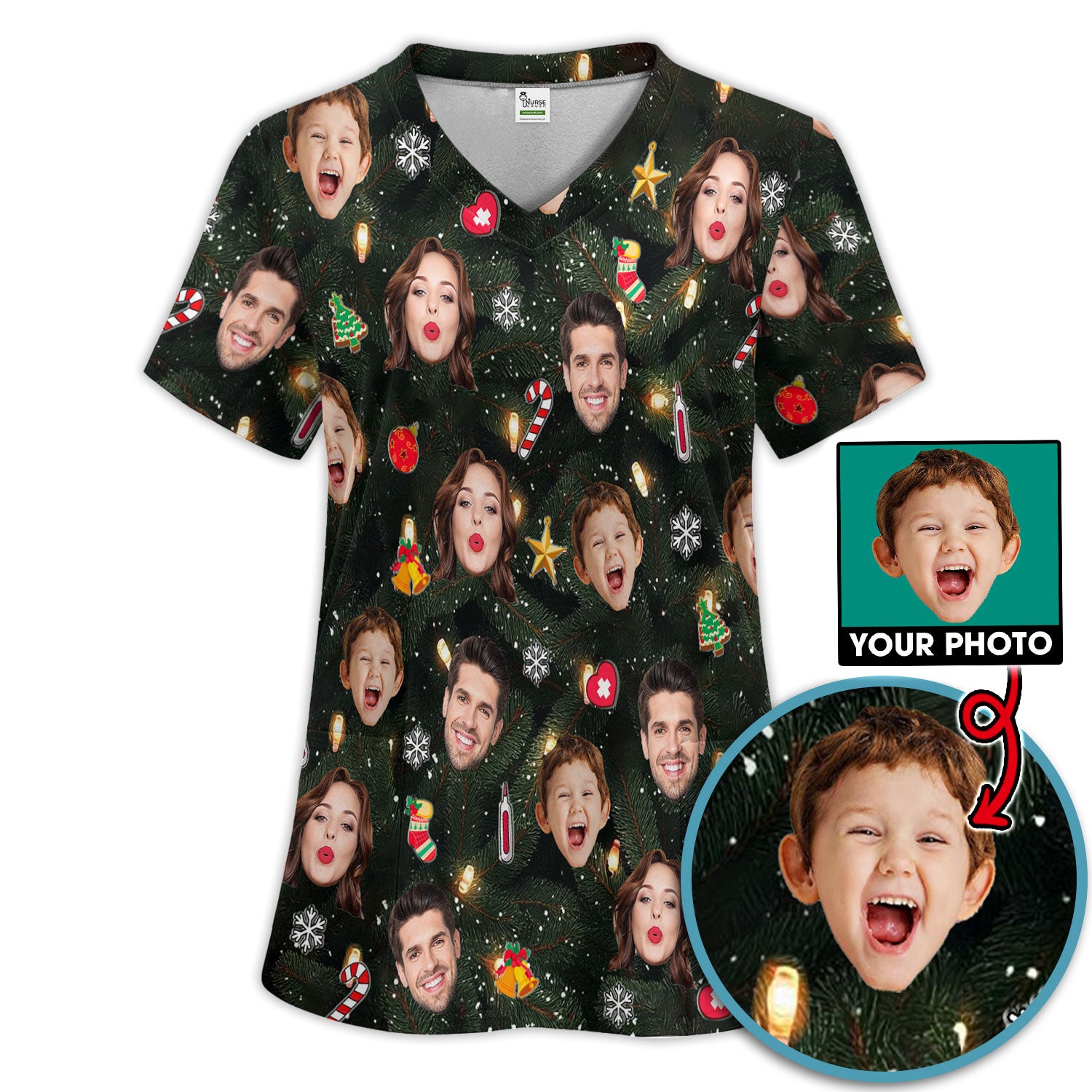 Personalized Christmas Photo Scrub Set, Funny Xmas Custom Face Scrub Shirt, Breathable Fabrics Nursing Uniform