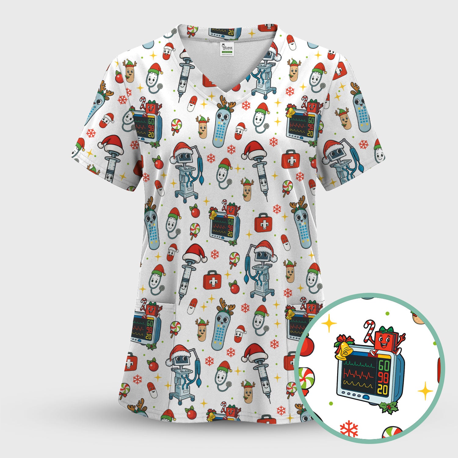 Christmas Nurse Scrub Set - Funny Robot and Reindeer Pattern Medical Scrubs - Cute Holiday Matching Set for Women Nurses