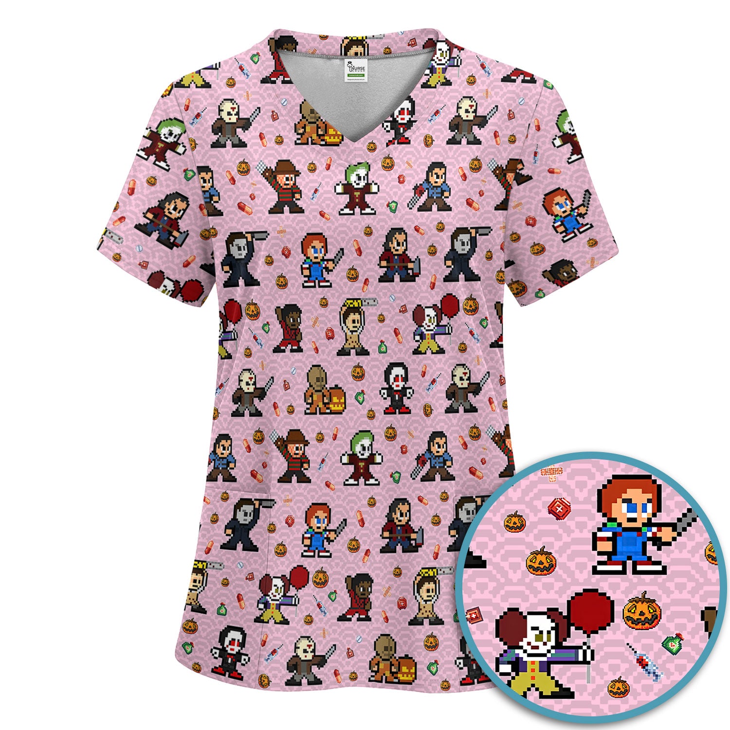 Halloween Women's Scrub Sets - Comfortable Scrubs for Nurses - Scary Character Scrub Pants and V Neck Top - Med Uniform for Her