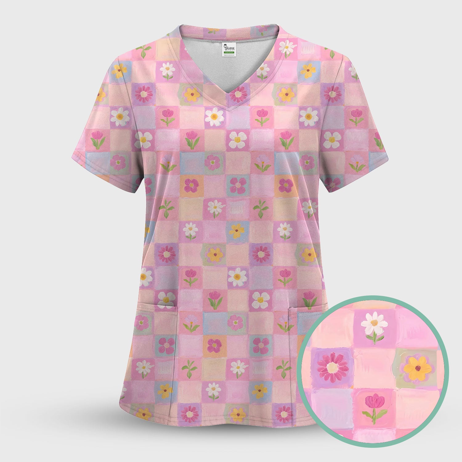 Lovely Pastel Floral Patchwork Pattern Scrub Set, Scrub Pants and V Neck Top