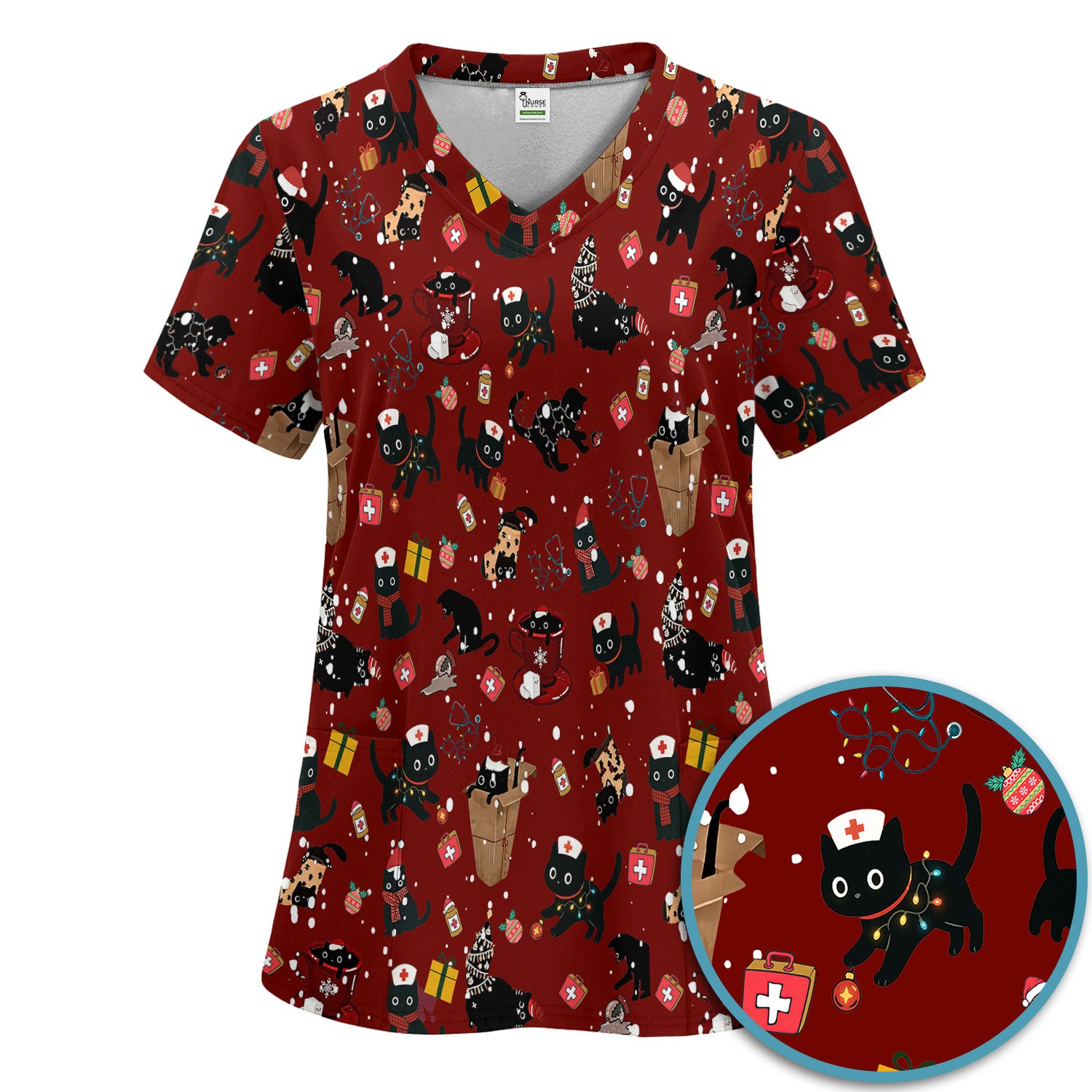 Christmas Cat Scrub Set for Nurse - Funny Black Cats Scrubs Pants and V Neck Top - Cute Holiday Medical Uniform for Women