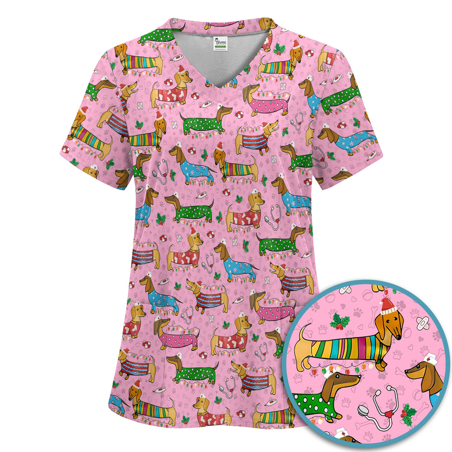 Christmas Dachshund Scrub Set for Nurses - Cute Wiener Dog in Holiday Outfit - Funny Medical Uniform Gift for Women RN LPN CNA