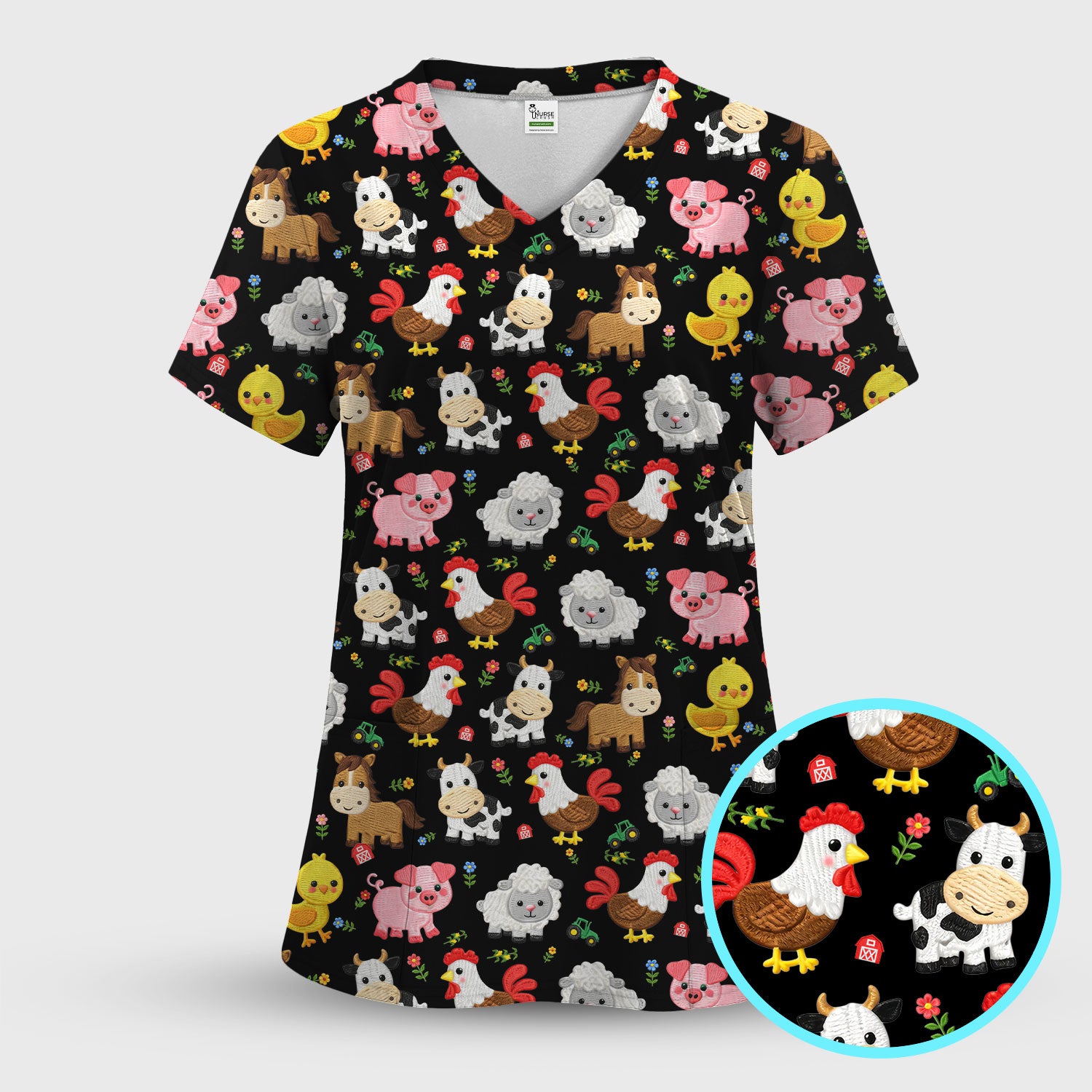 Cartoon Farm Animal Pattern Scrub Top, Breathable Fabrics Nursing Uniform