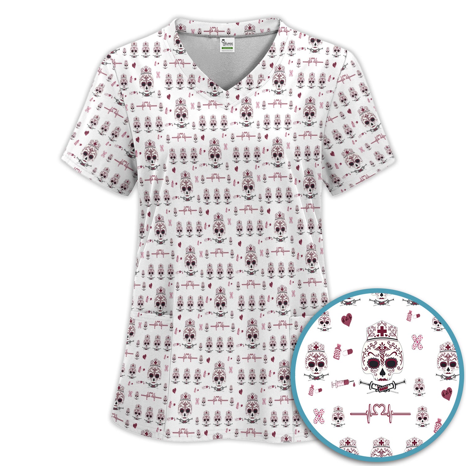 Sugar Skull Scrub Set, Skull Pattern Scrub Shirt, Breathable Fabrics Nursing Uniform