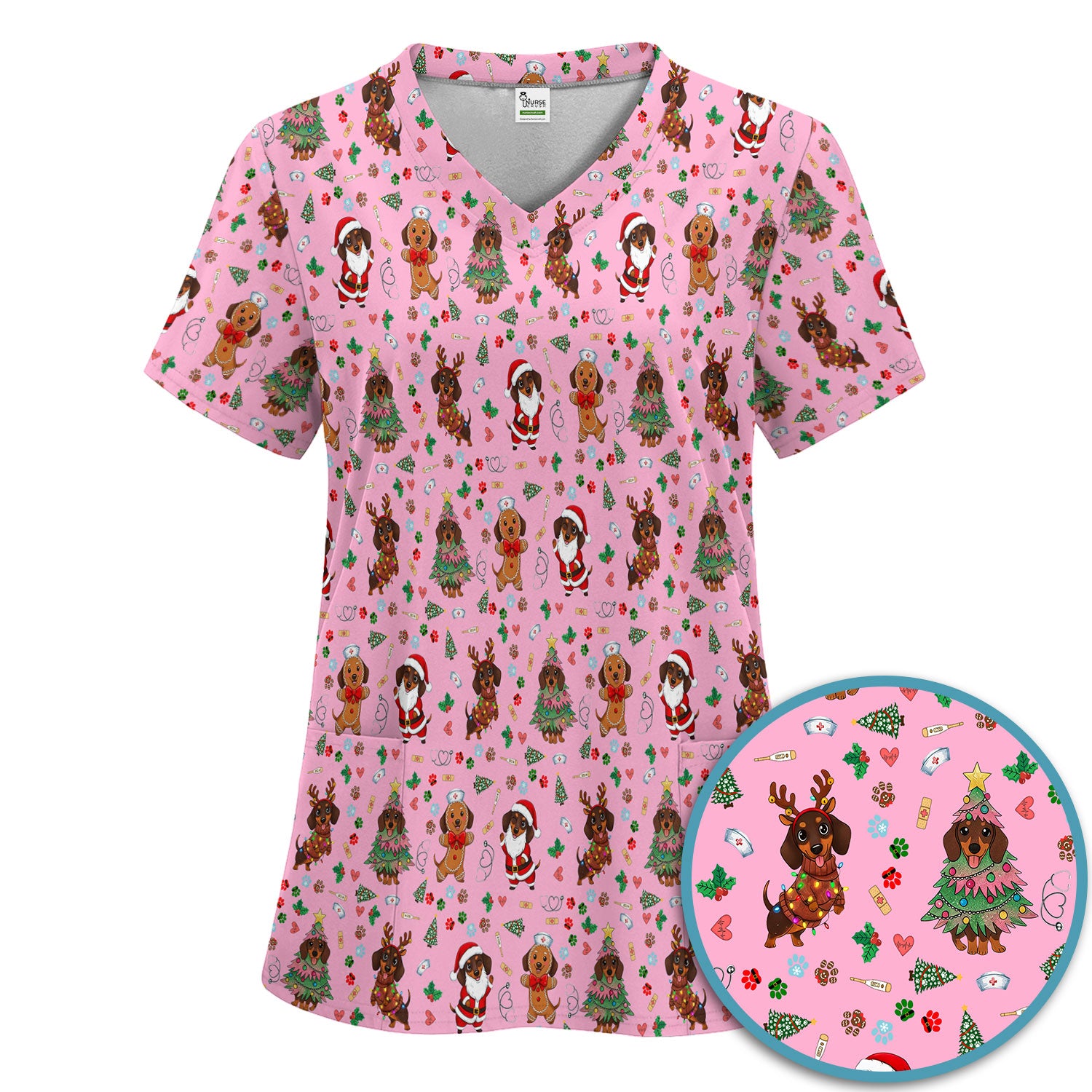 Wiener Dog Christmas Scrub Set – Funny Dachshund Pattern Medical Shirt – Festive Holiday Uniform for RN, LPN, CNA, and Vet Techs
