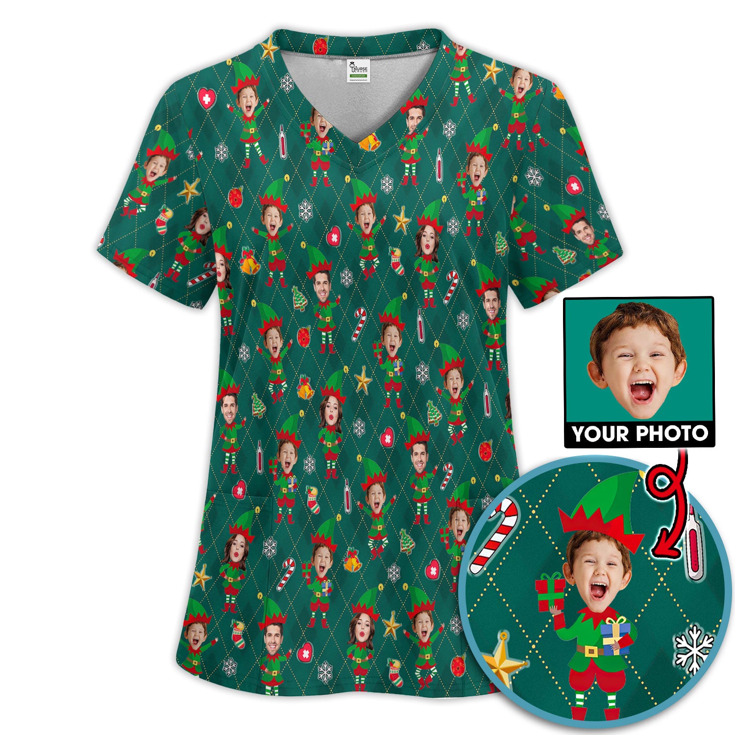 Personalized Face Nurse Uniform, Custom Photo Christmas Scrub Set, Funny Holiday Medical Uniform For Nursing
