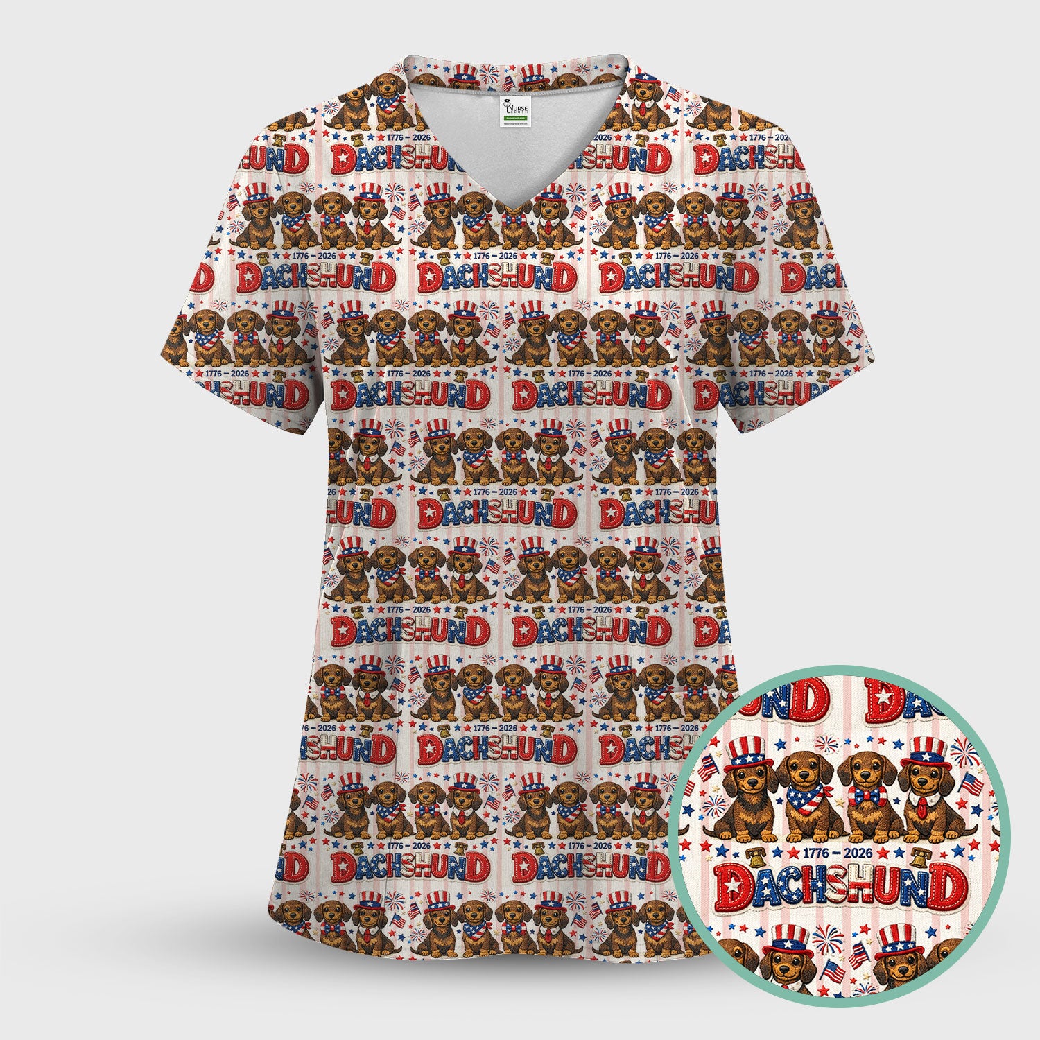 Patriotic Dachshund Fireworks Pattern Scrub Set, Scrub Pants and V Neck Top