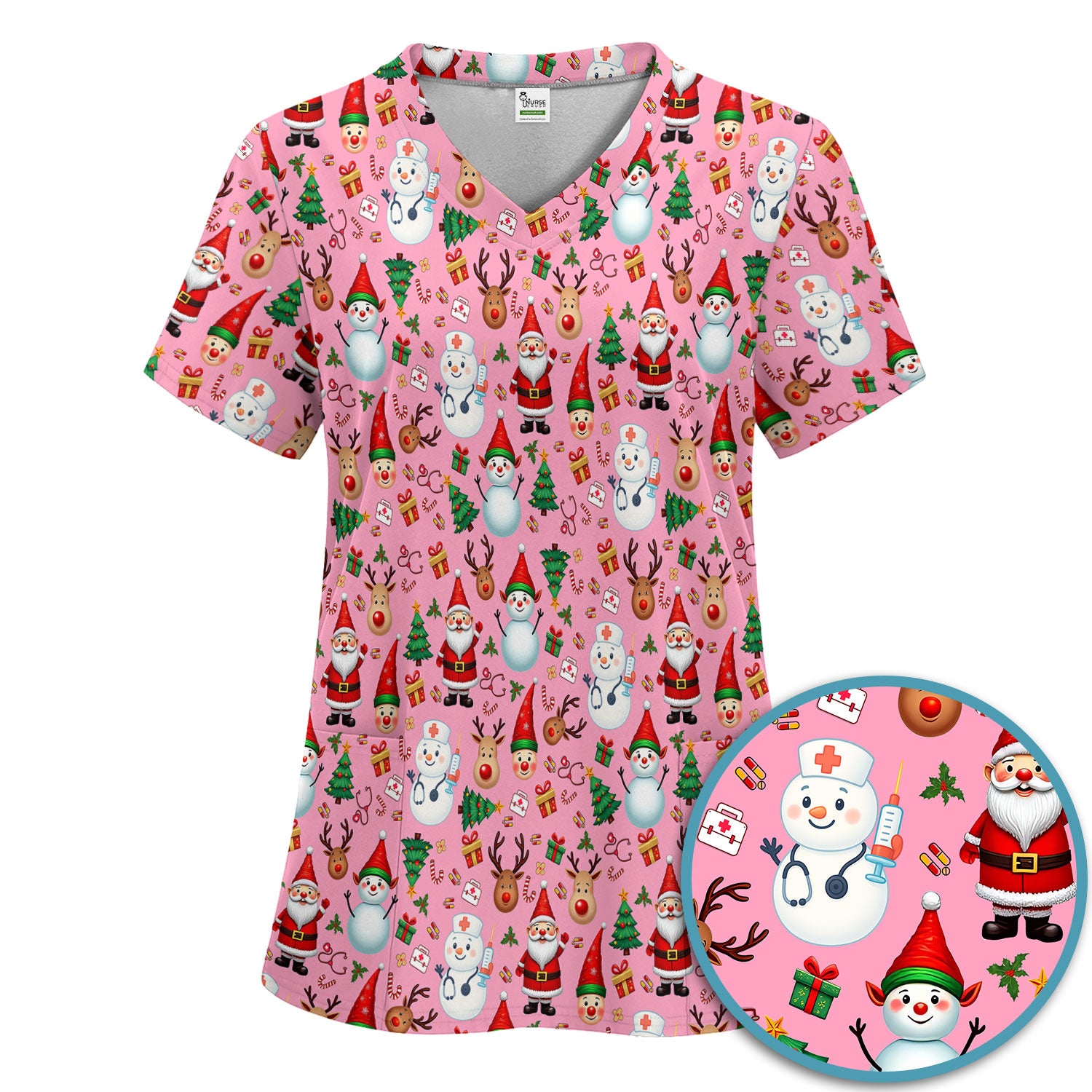 Christmas Scrub Set for Nurses - Cute Snowman Reindeer Santa Pattern - Holiday Medical Uniform RN CNA LPN Gift