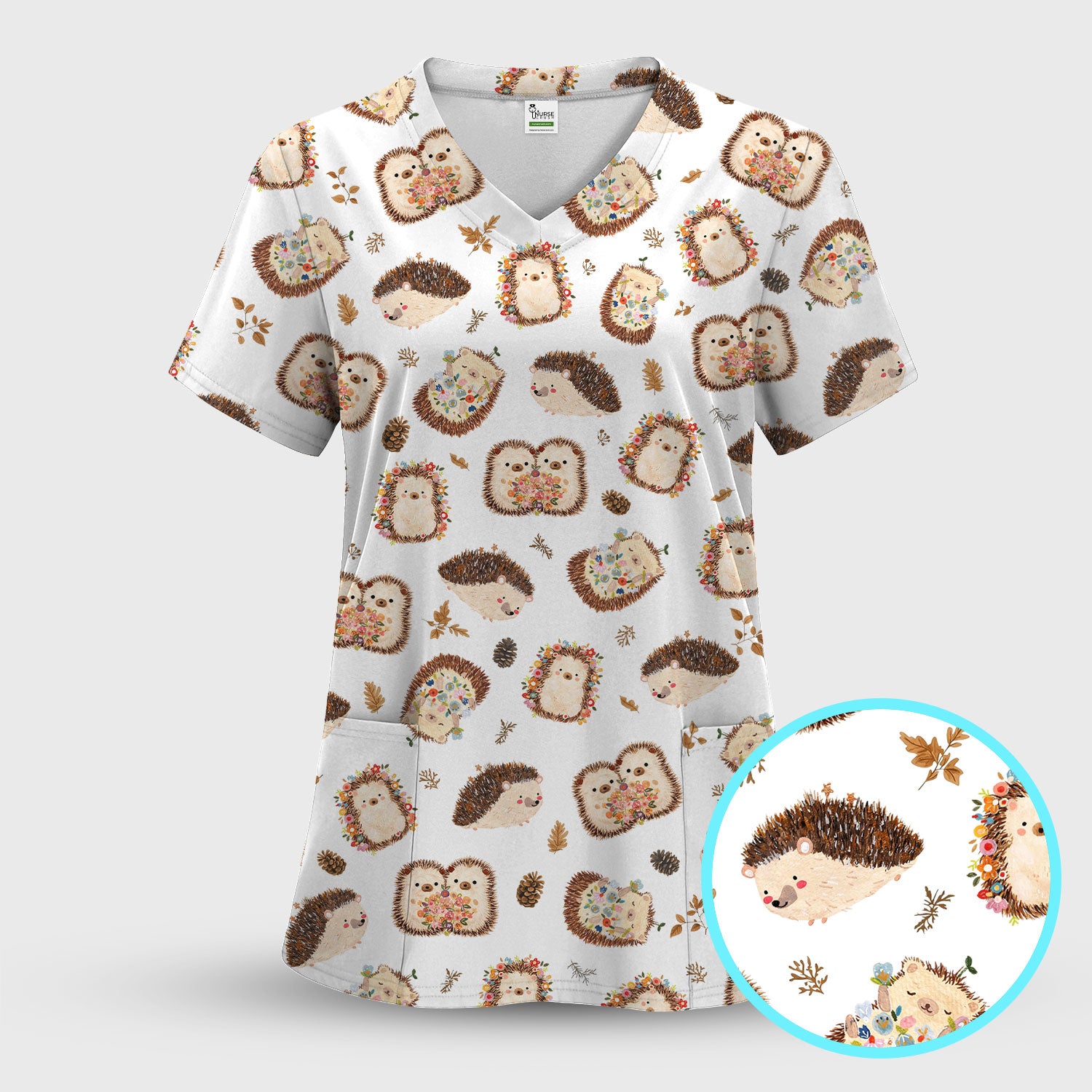 Cute Hedgehog Floral Scrub Set, Breathable Med Uniform